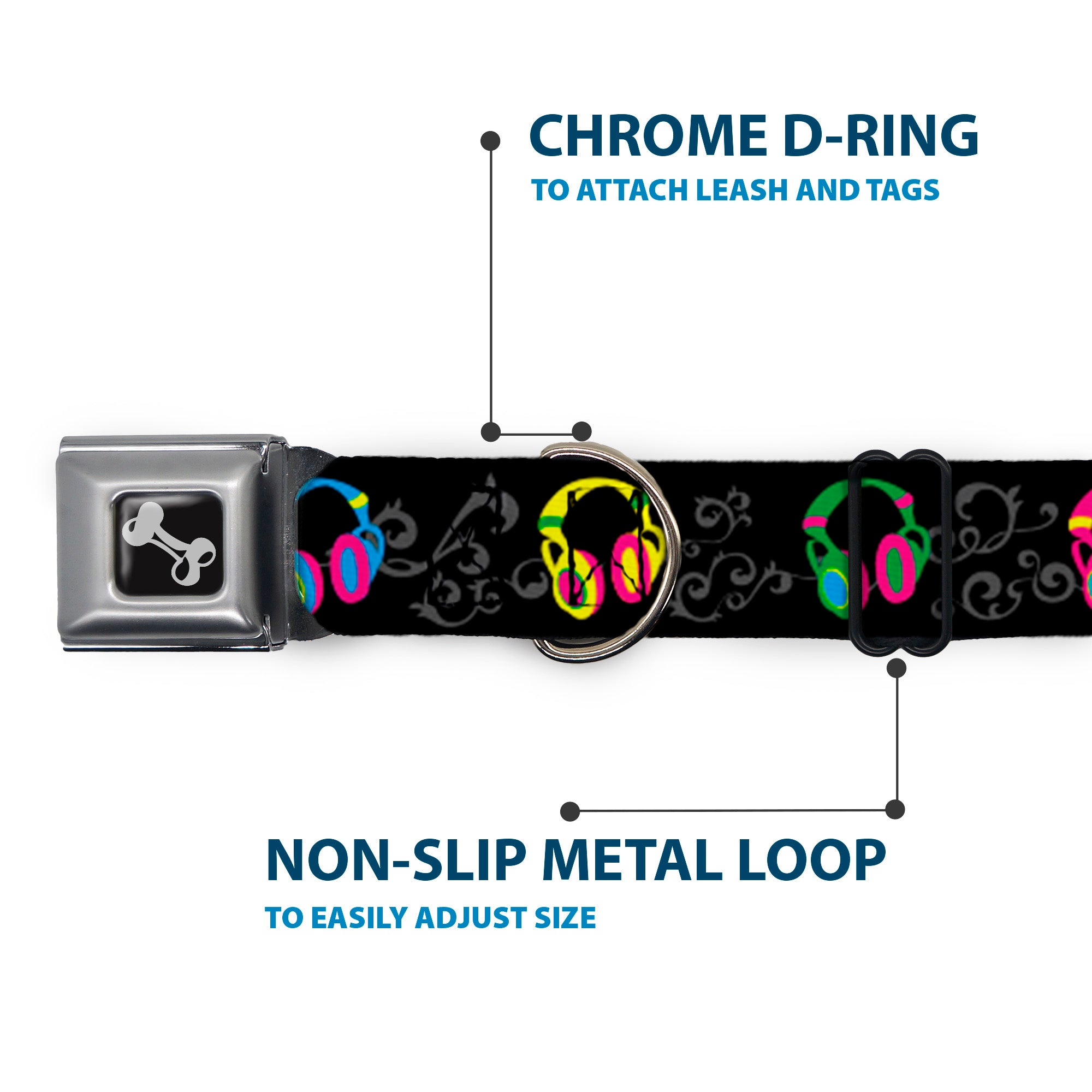 Dog Bone Seatbelt Buckle Collar - Headphones Curls Black/Gray/Neon Seatbelt Buckle Collars Buckle-Down