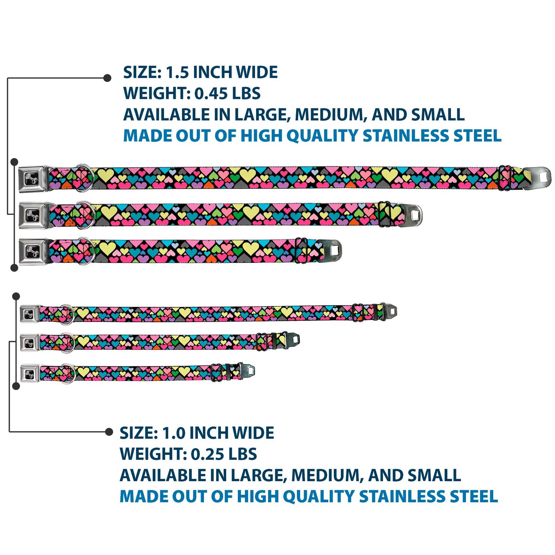 Dog Bone Seatbelt Buckle Collar - Hearts Black/Multi Color Seatbelt Buckle Collars Buckle-Down