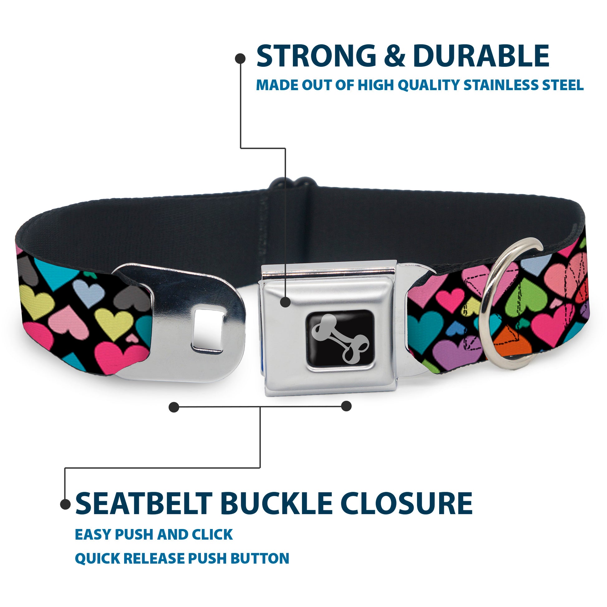 Dog Bone Seatbelt Buckle Collar - Hearts Black/Multi Color Seatbelt Buckle Collars Buckle-Down