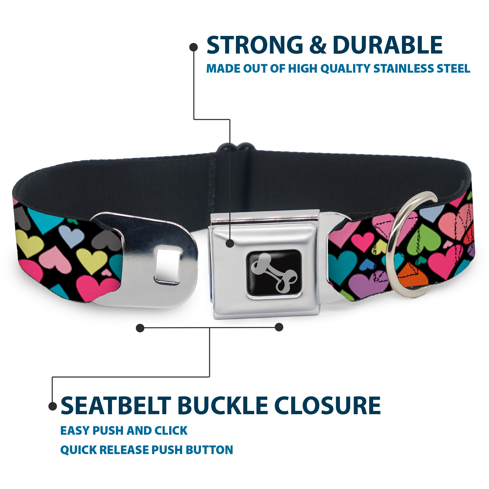 Dog Bone Seatbelt Buckle Collar - Hearts Black/Multi Color Seatbelt Buckle Collars Buckle-Down