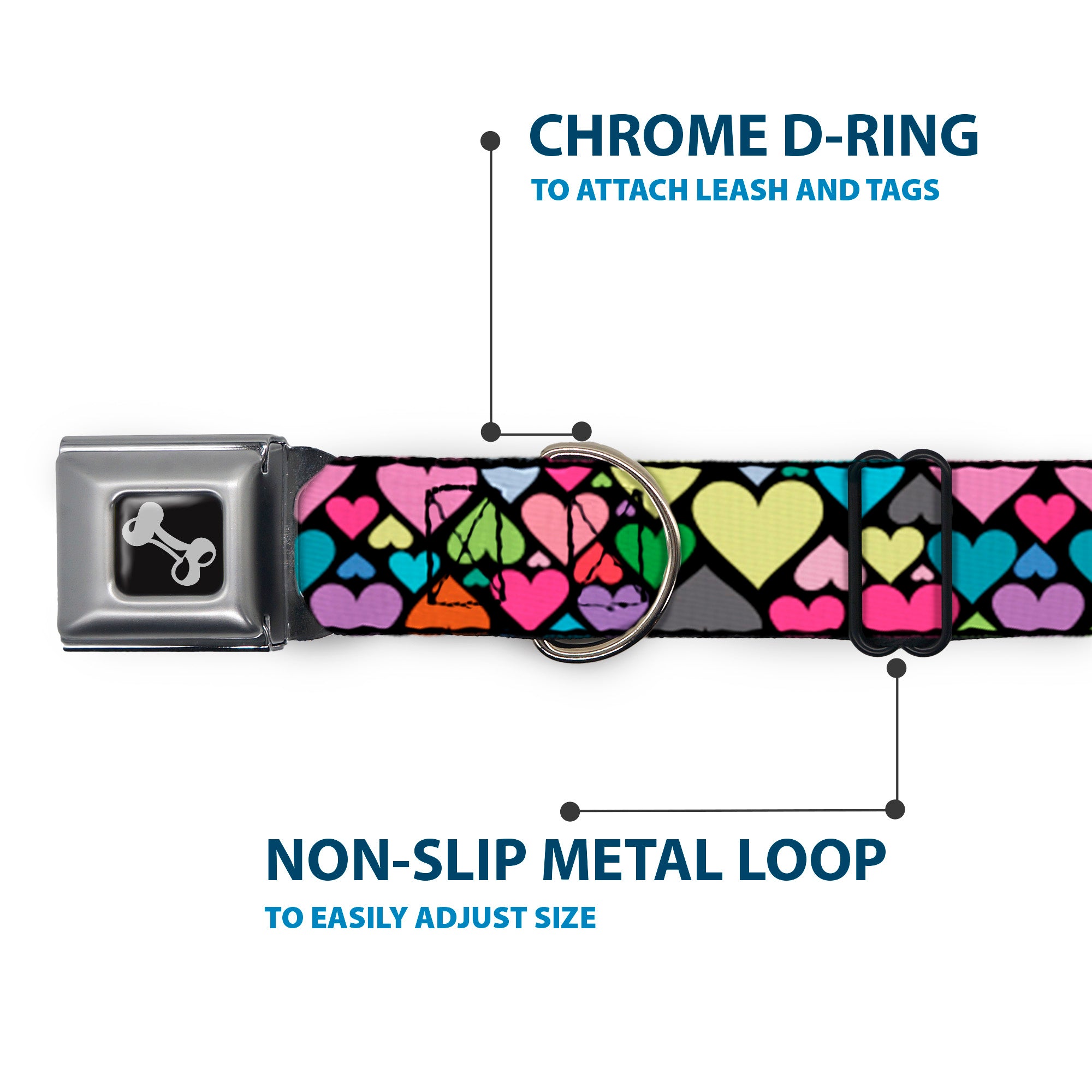 Dog Bone Seatbelt Buckle Collar - Hearts Black/Multi Color Seatbelt Buckle Collars Buckle-Down