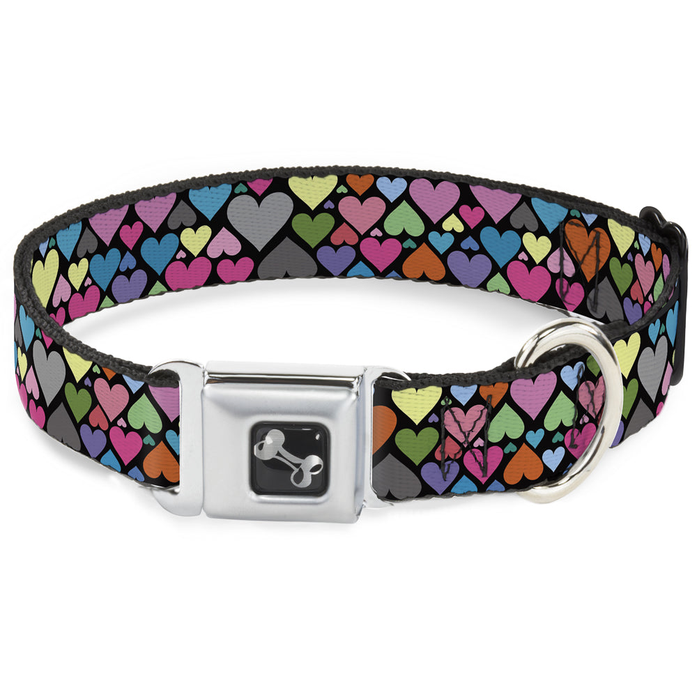 Dog Bone Seatbelt Buckle Collar - Hearts Black/Multi Color Seatbelt Buckle Collars Buckle-Down