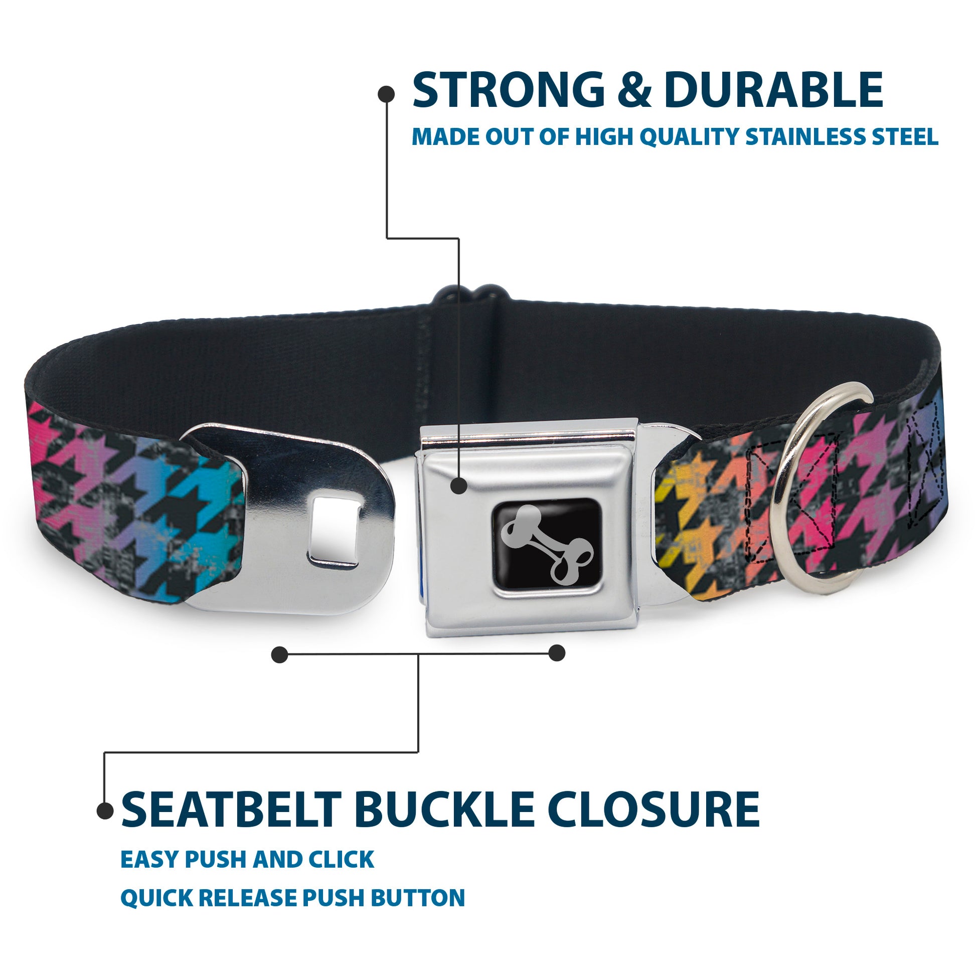 Dog Bone Seatbelt Buckle Collar - Houndstooth Black/Rainbow Seatbelt Buckle Collars Buckle-Down