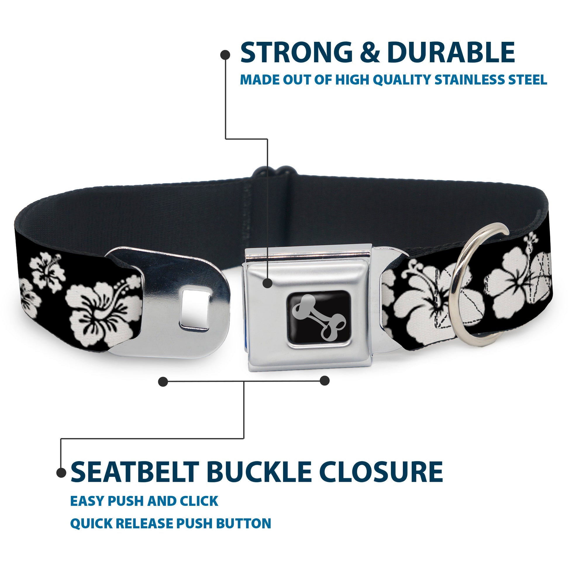 Dog Bone Seatbelt Buckle Collar - Hibiscus Black/White Seatbelt Buckle Collars Buckle-Down