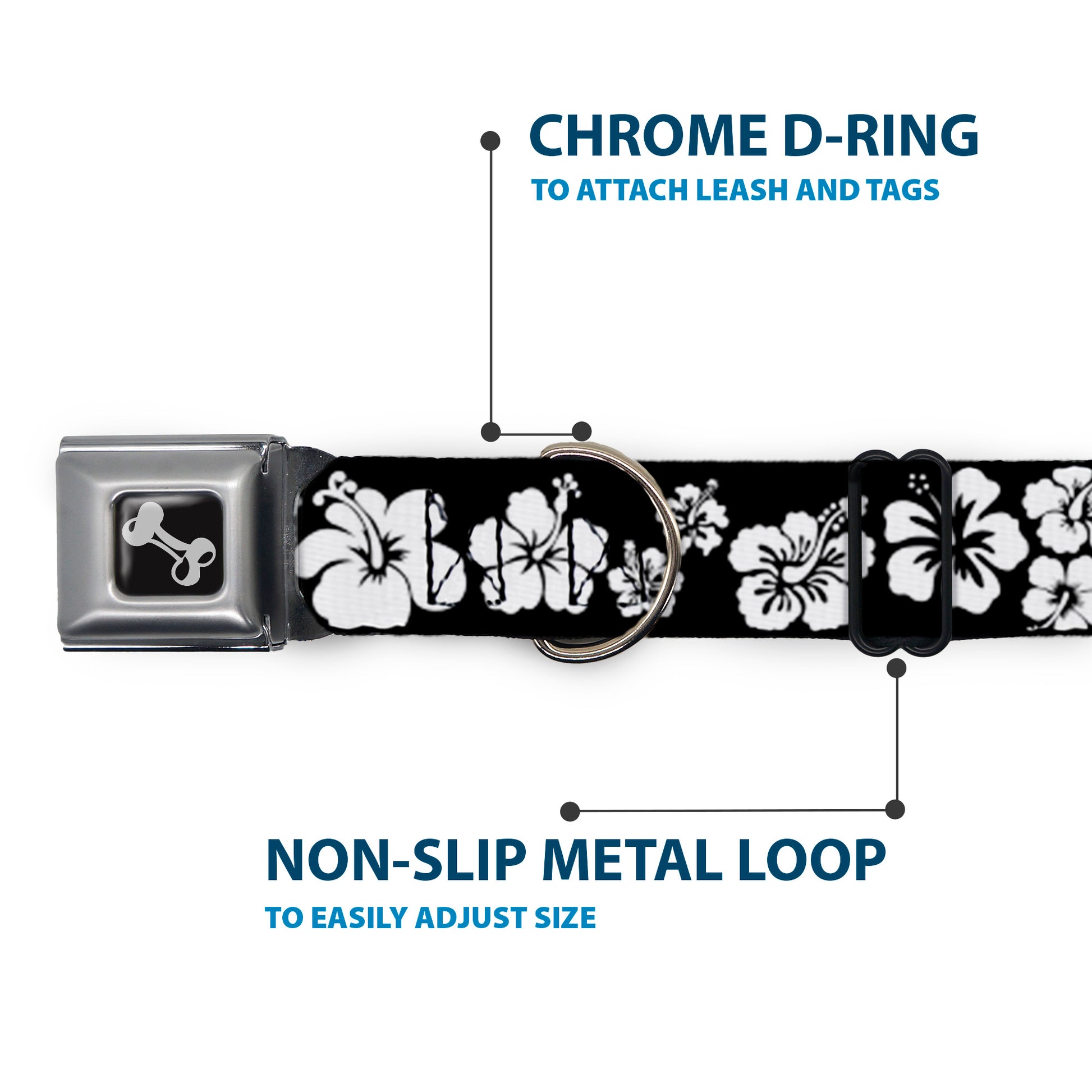 Dog Bone Seatbelt Buckle Collar - Hibiscus Black/White Seatbelt Buckle Collars Buckle-Down