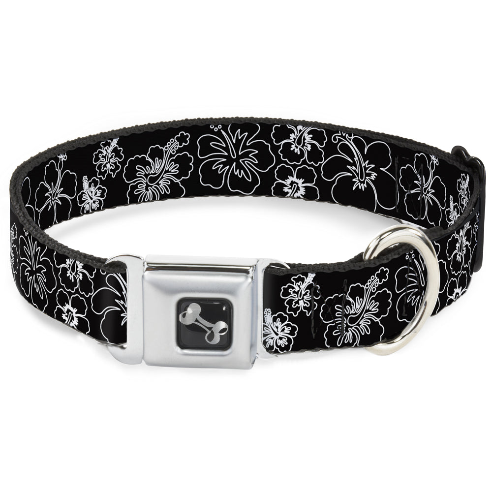 Dog Bone Seatbelt Buckle Collar - Hibiscus Outline Black/White Seatbelt Buckle Collars Buckle-Down