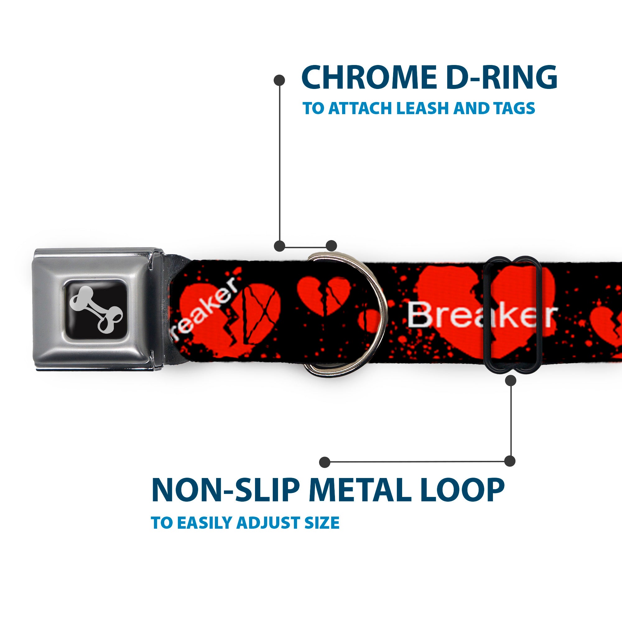 Dog Bone Seatbelt Buckle Collar - Heart Breaker Black/White/Red Seatbelt Buckle Collars Buckle-Down