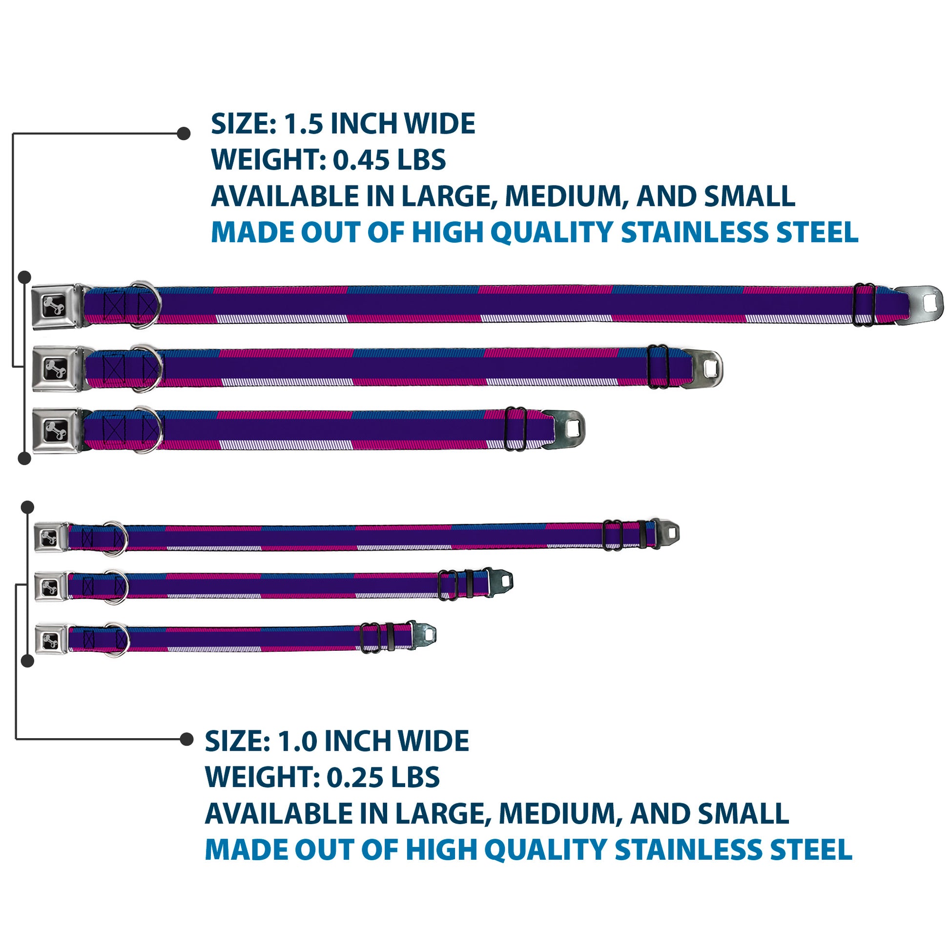 Dog Bone Seatbelt Buckle Collar - Hash Mark Stripe Navy/Turquoise/Fuchsia/White Seatbelt Buckle Collars Buckle-Down