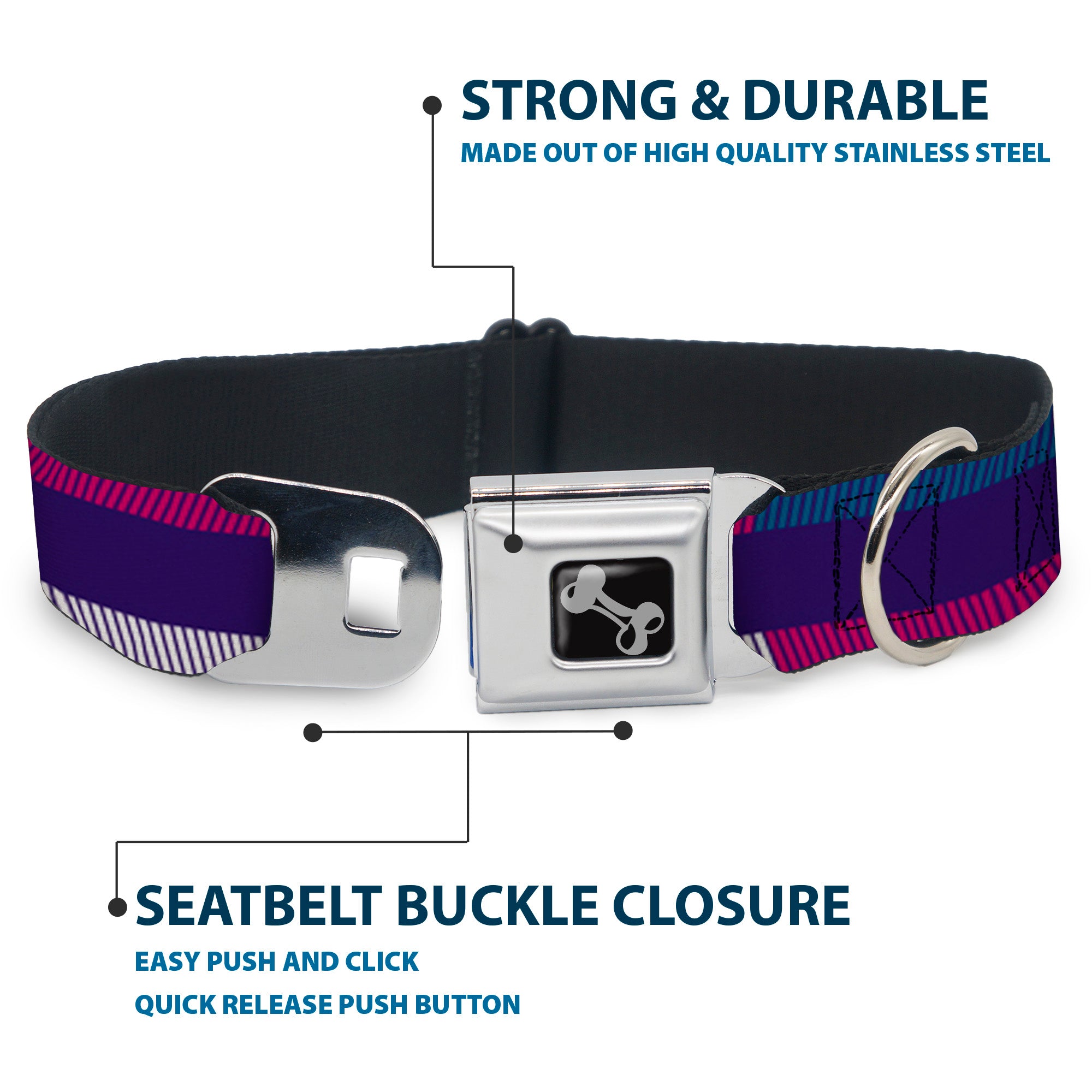 Dog Bone Seatbelt Buckle Collar - Hash Mark Stripe Navy/Turquoise/Fuchsia/White Seatbelt Buckle Collars Buckle-Down