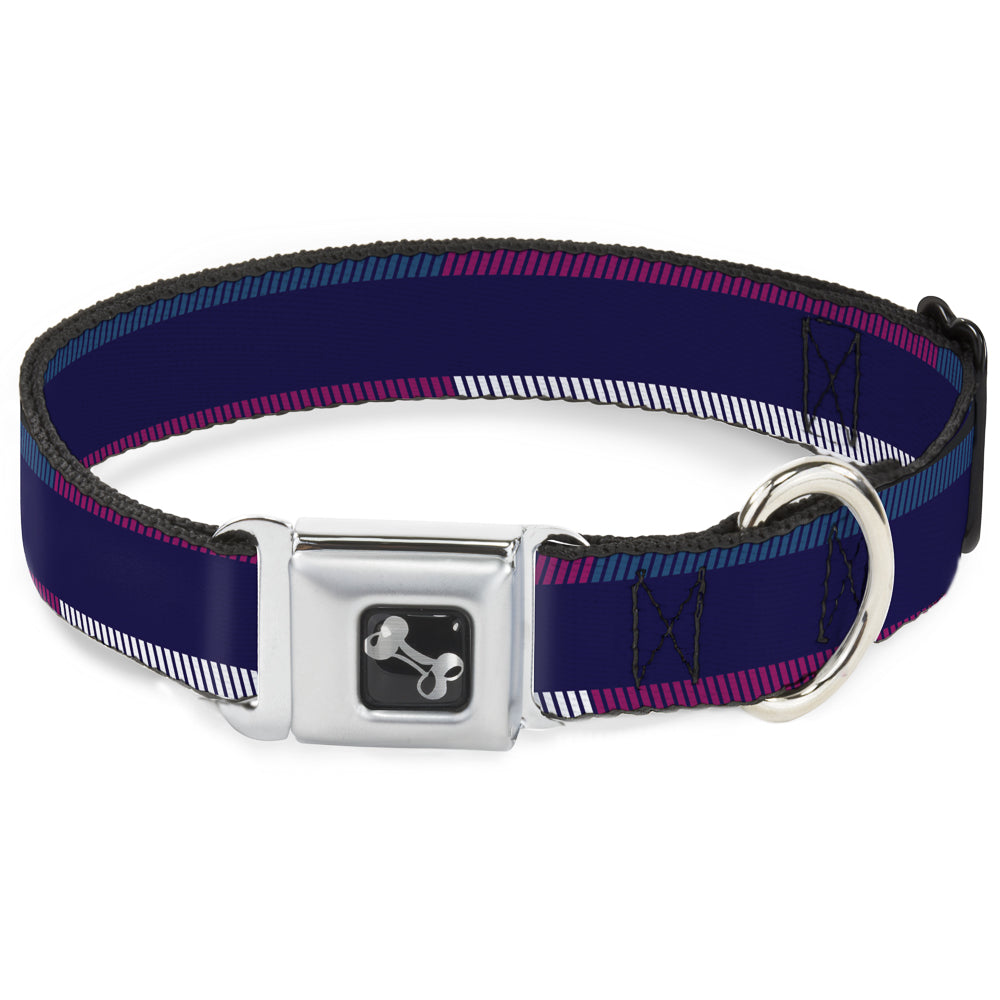 Dog Bone Seatbelt Buckle Collar - Hash Mark Stripe Navy/Turquoise/Fuchsia/White Seatbelt Buckle Collars Buckle-Down