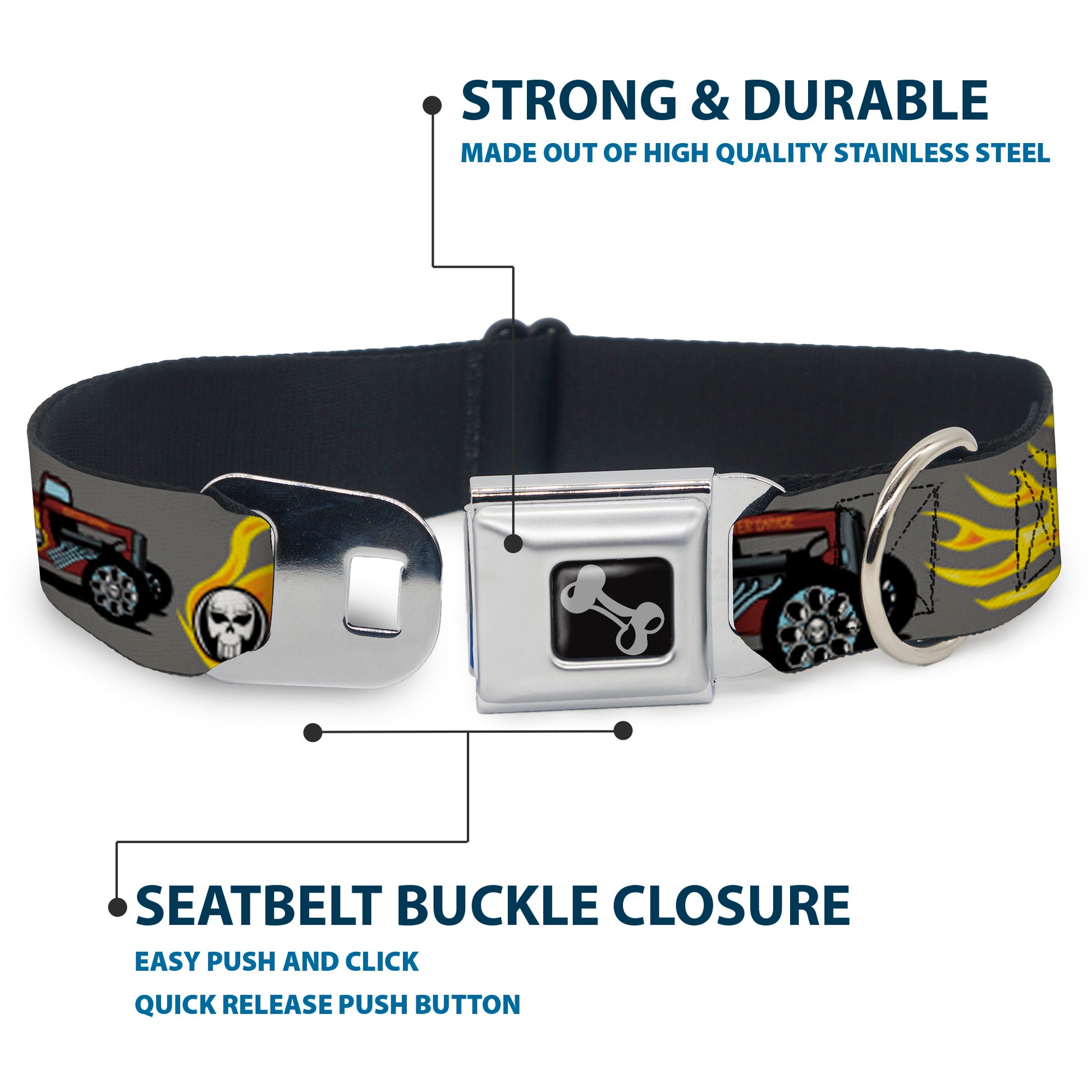 Dog Bone Seatbelt Buckle Collar - Hot Rod w/Flame Skull Seatbelt Buckle Collars Buckle-Down