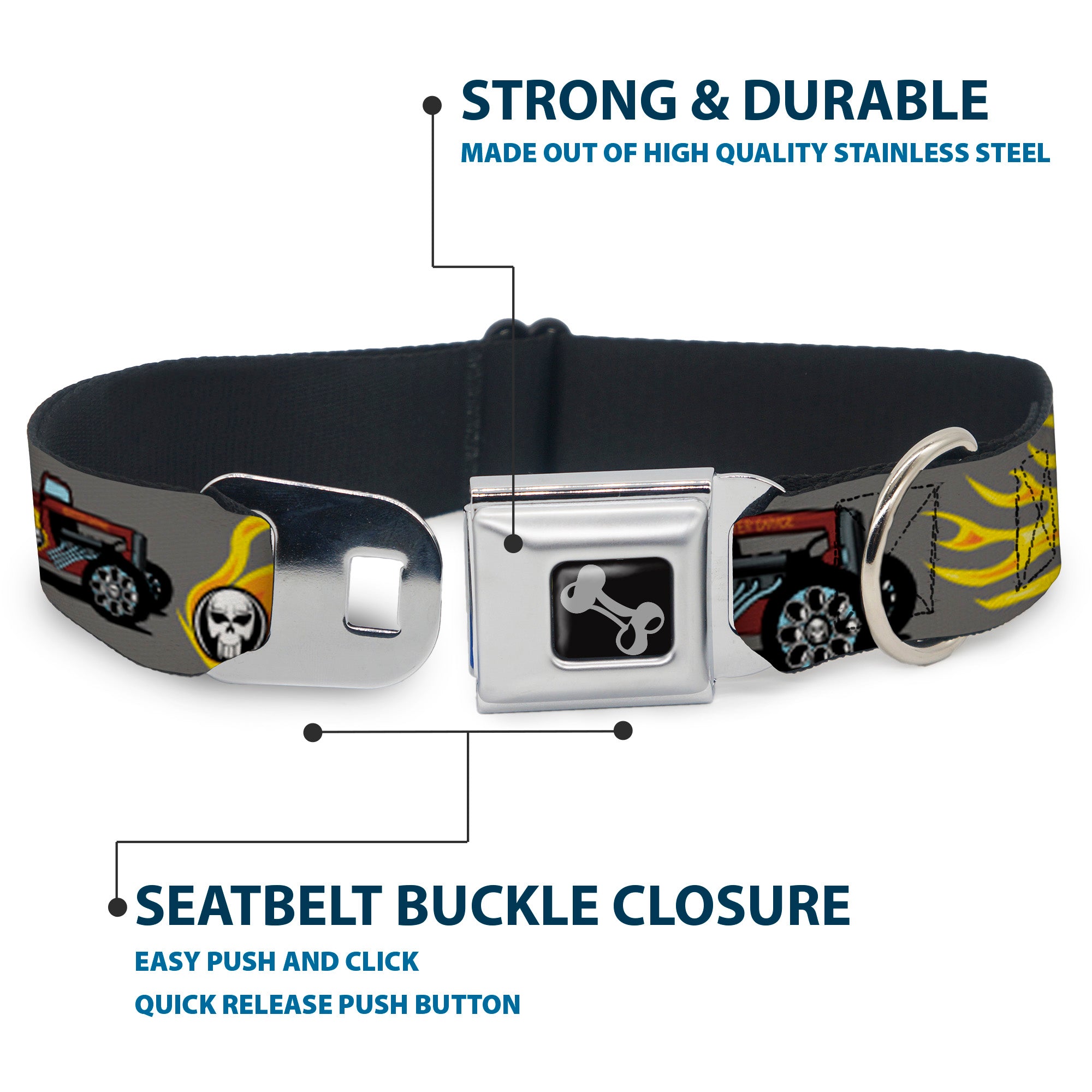 Dog Bone Seatbelt Buckle Collar - Hot Rod w/Flame Skull Seatbelt Buckle Collars Buckle-Down
