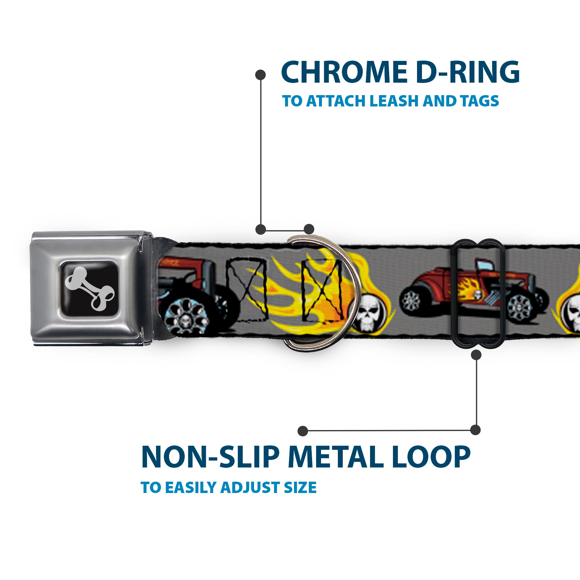 Dog Bone Seatbelt Buckle Collar - Hot Rod w/Flame Skull Seatbelt Buckle Collars Buckle-Down