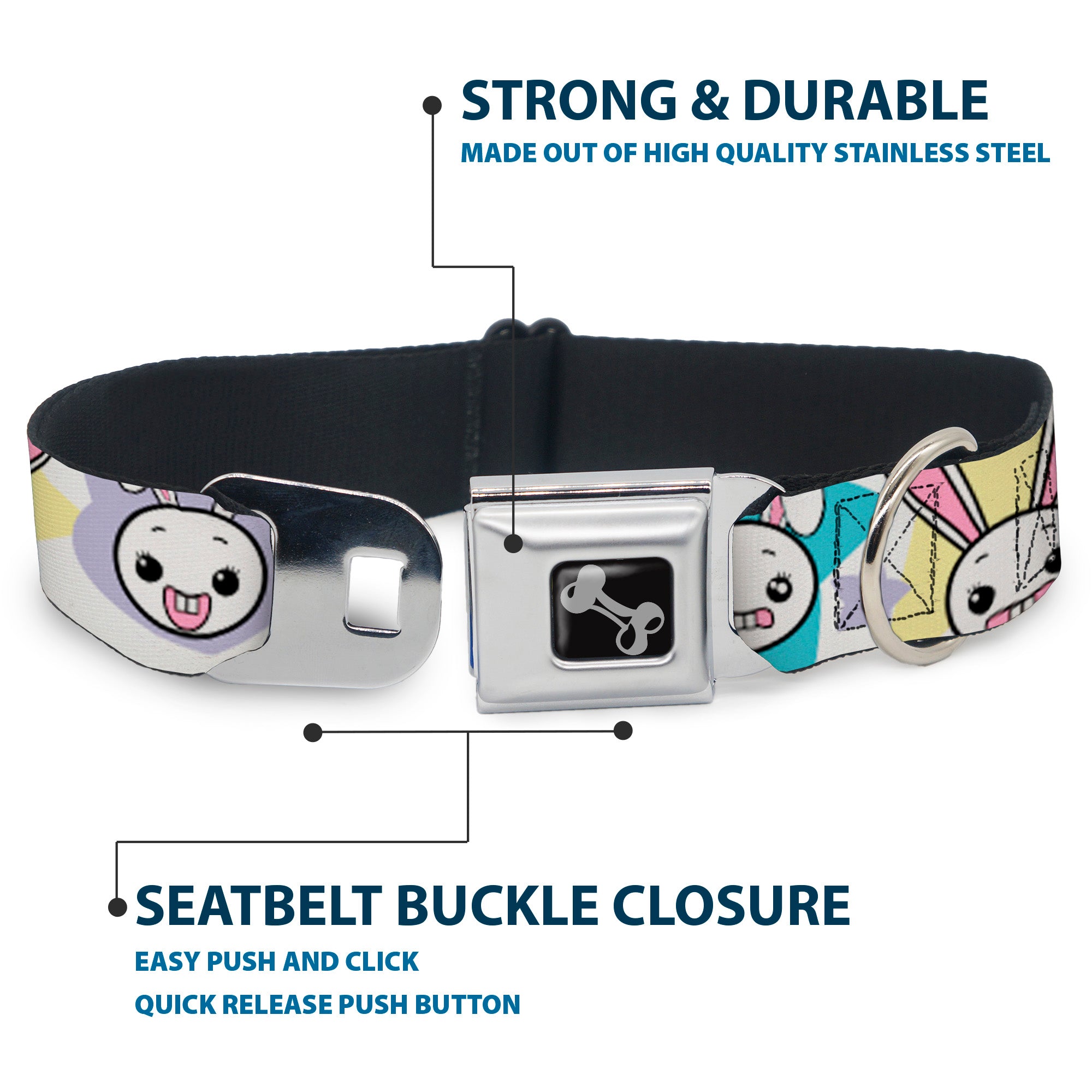 Dog Bone Seatbelt Buckle Collar - Happy/Sad Bunnies & Stars White/Pastel Seatbelt Buckle Collars Buckle-Down