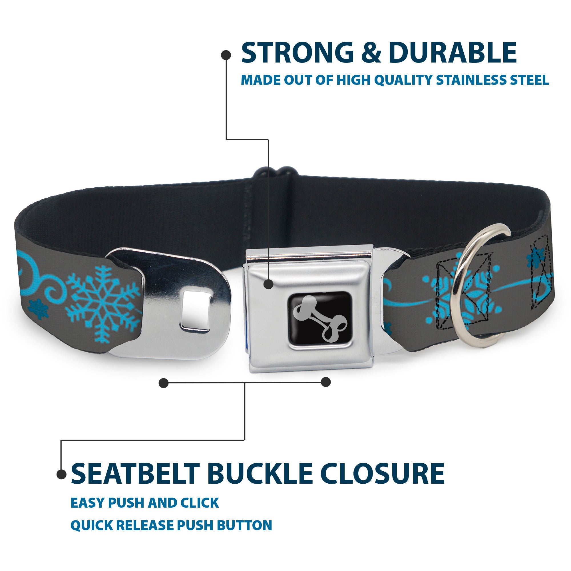 Dog Bone Seatbelt Buckle Collar - Holiday Snowflakes Gray/Blue Seatbelt Buckle Collars Buckle-Down