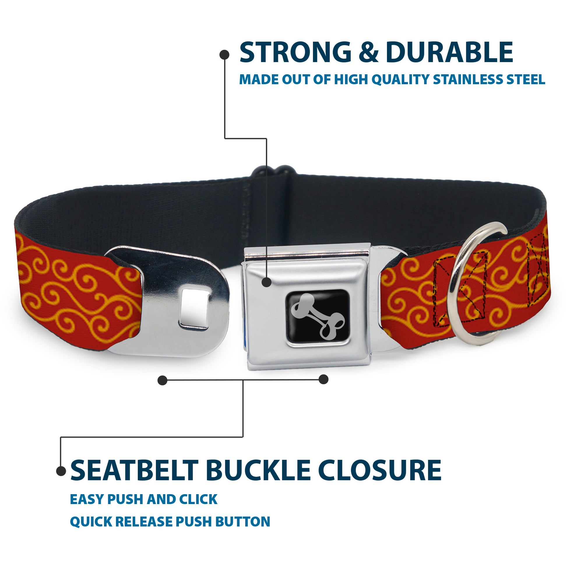 Dog Bone Seatbelt Buckle Collar - Holiday Trim Swirls Red/Gold Seatbelt Buckle Collars Buckle-Down