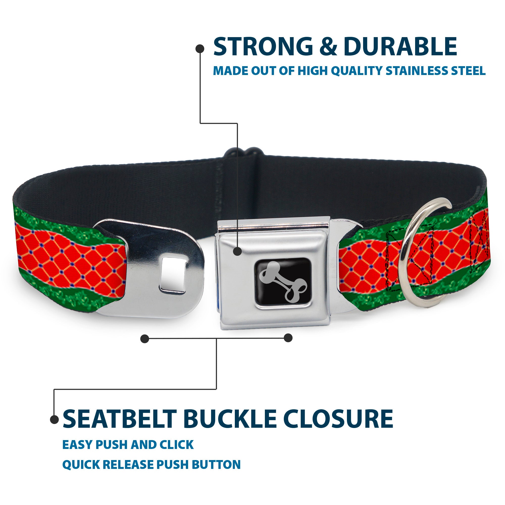 Dog Bone Seatbelt Buckle Collar - Holiday Trim Stripe Green/Red Seatbelt Buckle Collars Buckle-Down