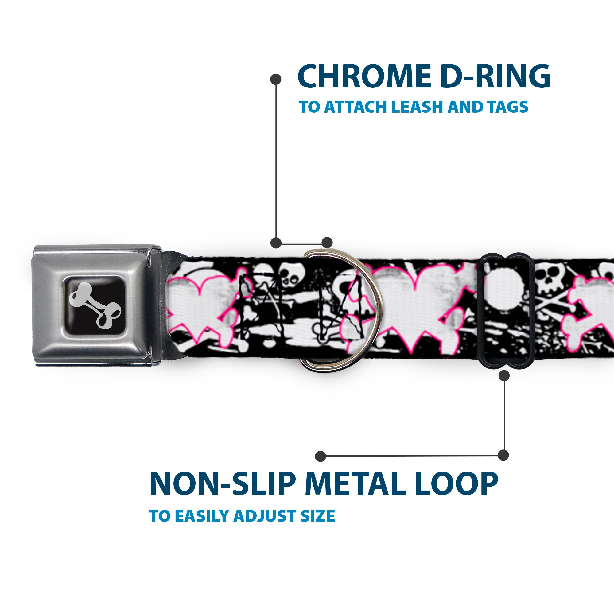 Dog Bone Seatbelt Buckle Collar - Heart & Cross Bones w/Skulls & Splatter Black/White Seatbelt Buckle Collars Buckle-Down