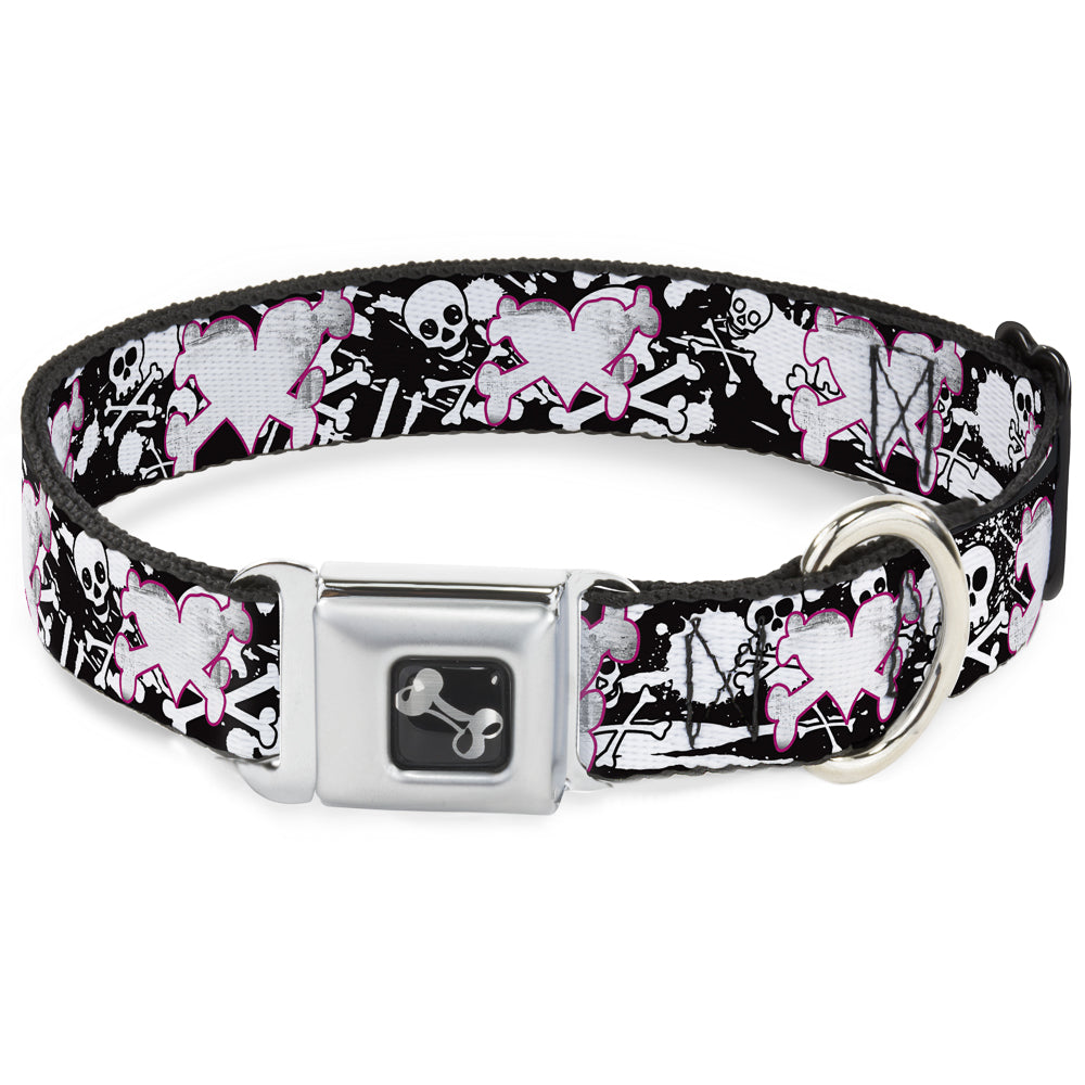 Dog Bone Seatbelt Buckle Collar - Heart & Cross Bones w/Skulls & Splatter Black/White Seatbelt Buckle Collars Buckle-Down