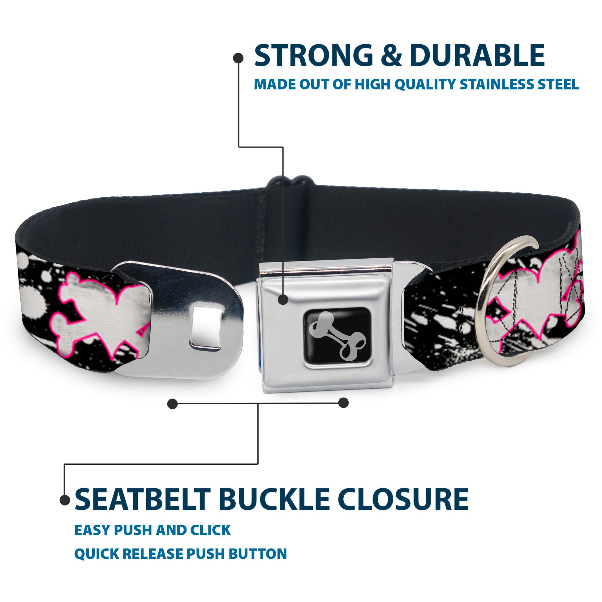 Dog Bone Seatbelt Buckle Collar - Heart & Cross Bones w/Splatter Black/White Seatbelt Buckle Collars Buckle-Down