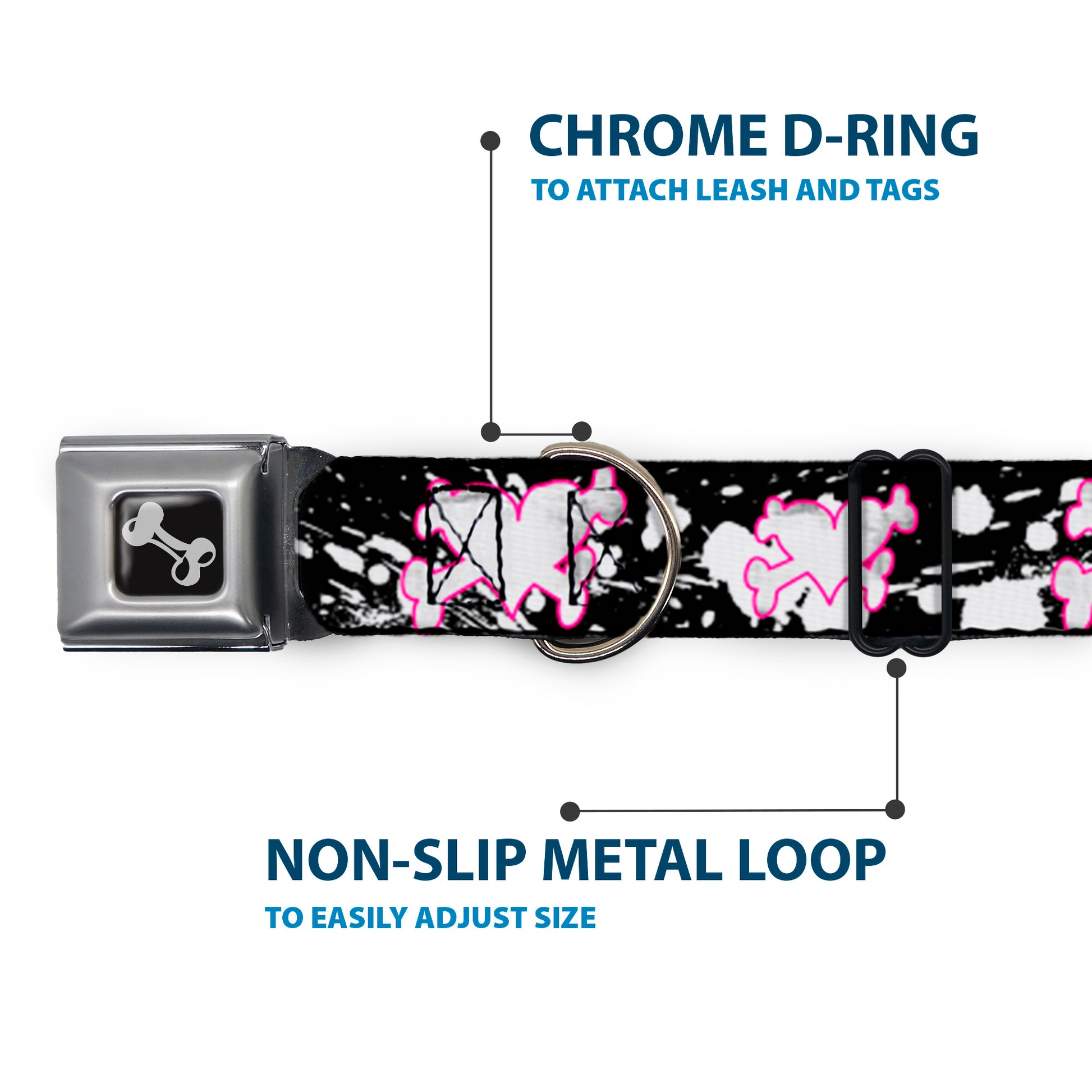 Dog Bone Seatbelt Buckle Collar - Heart & Cross Bones w/Splatter Black/White Seatbelt Buckle Collars Buckle-Down