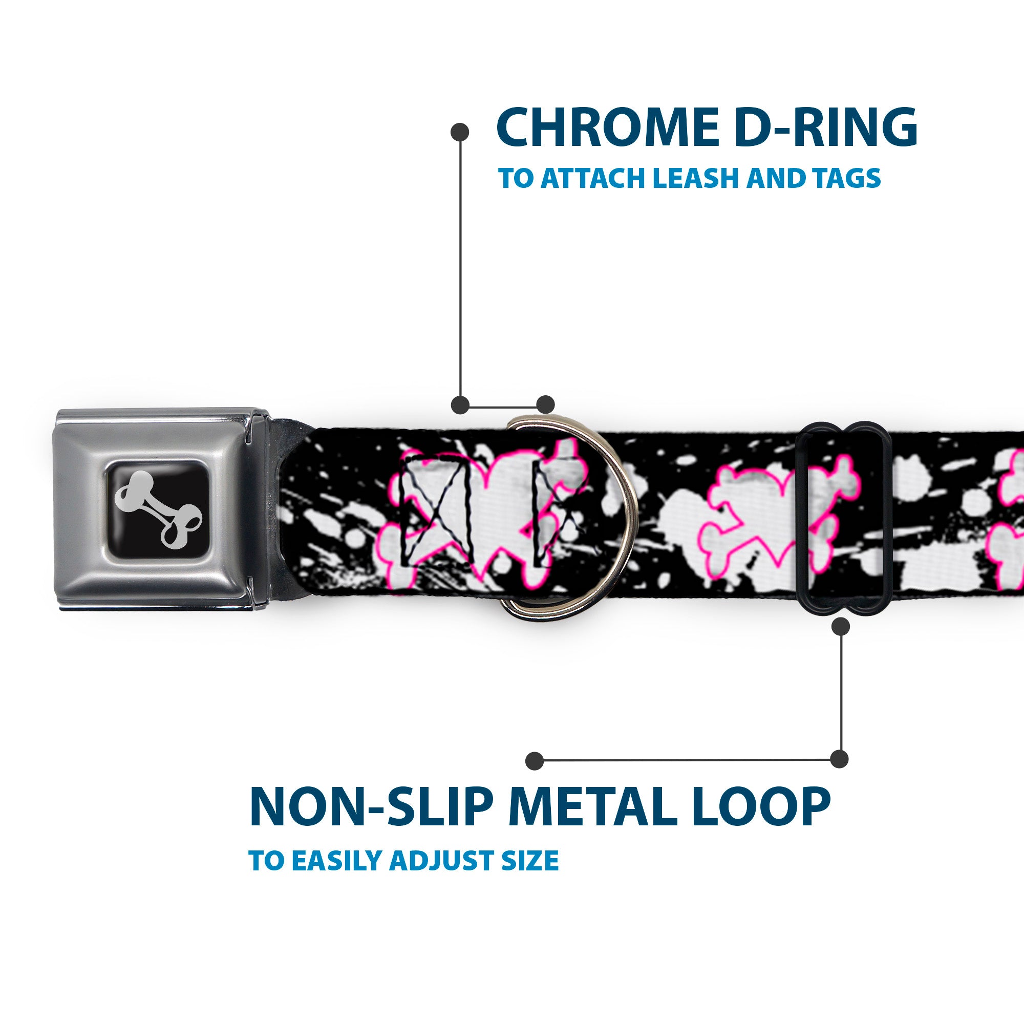 Dog Bone Seatbelt Buckle Collar - Heart & Cross Bones w/Splatter Black/White Seatbelt Buckle Collars Buckle-Down