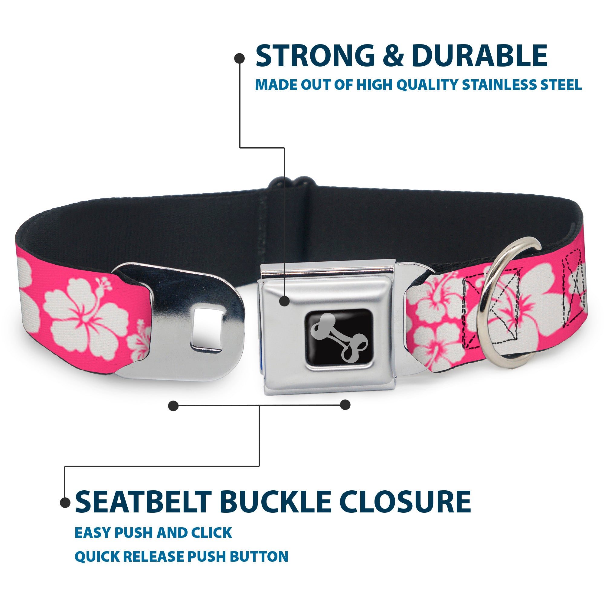 Dog Bone Seatbelt Buckle Collar - Hibiscus Neon Pink/White Seatbelt Buckle Collars Buckle-Down