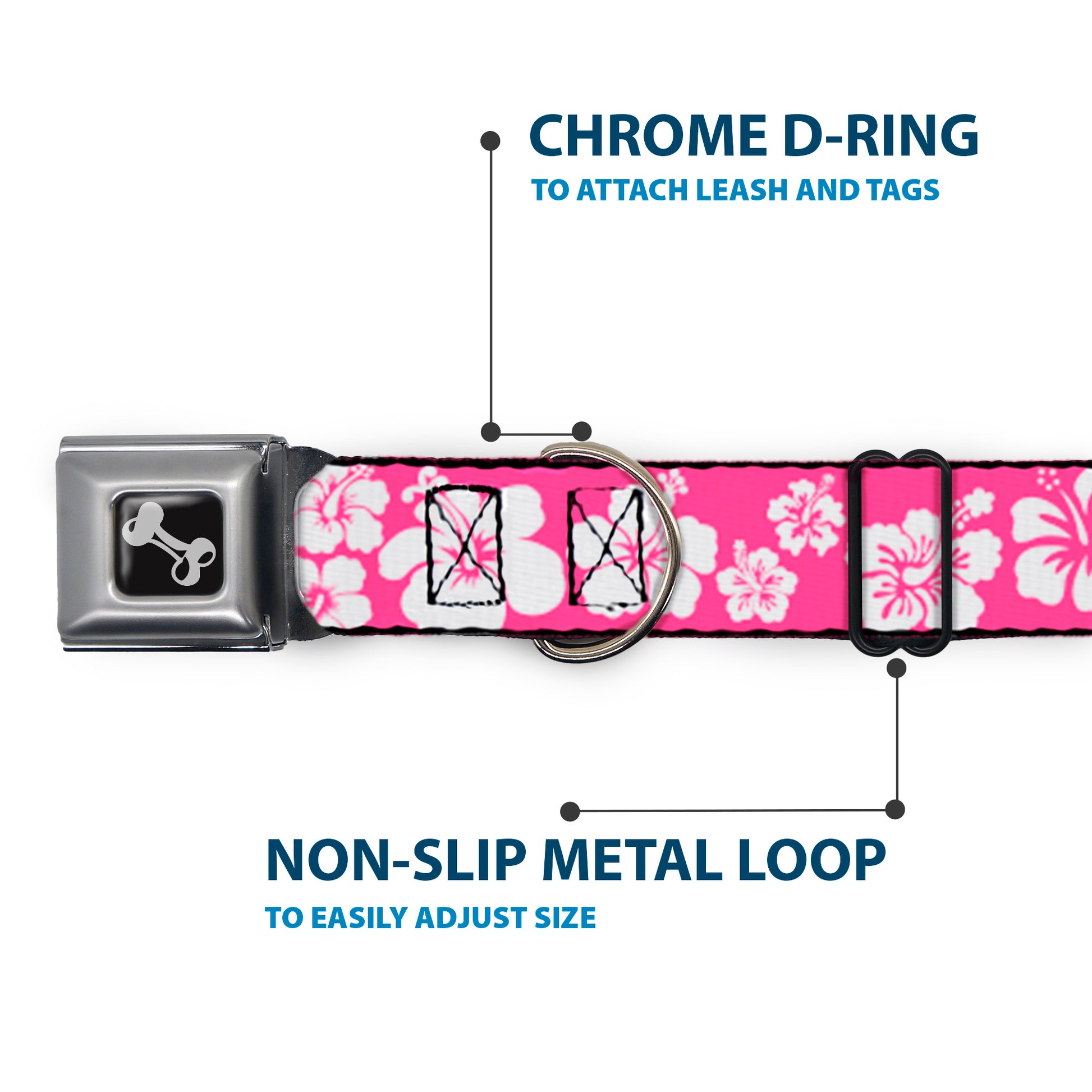 Dog Bone Seatbelt Buckle Collar - Hibiscus Neon Pink/White Seatbelt Buckle Collars Buckle-Down