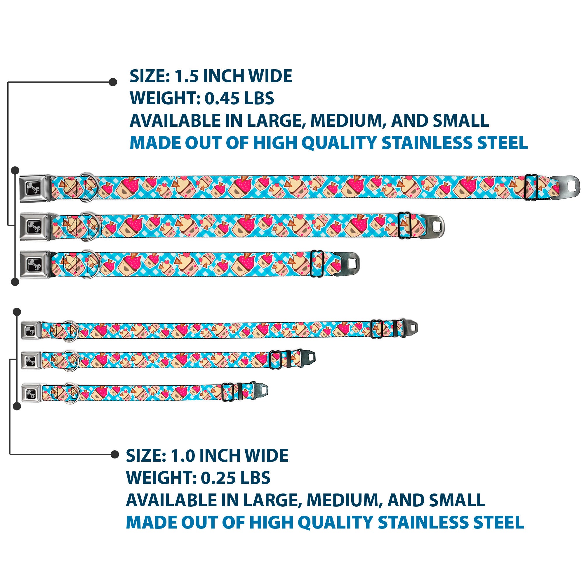 Dog Bone Seatbelt Buckle Collar - Happy Cupcakes Buffalo Plaid White/Blue Seatbelt Buckle Collars Buckle-Down