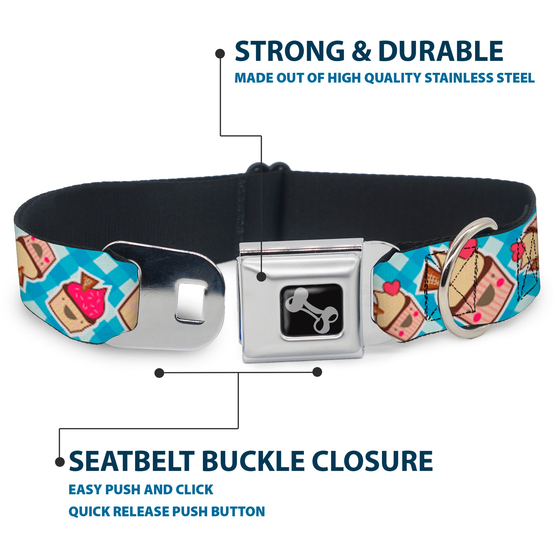 Dog Bone Seatbelt Buckle Collar - Happy Cupcakes Buffalo Plaid White/Blue Seatbelt Buckle Collars Buckle-Down