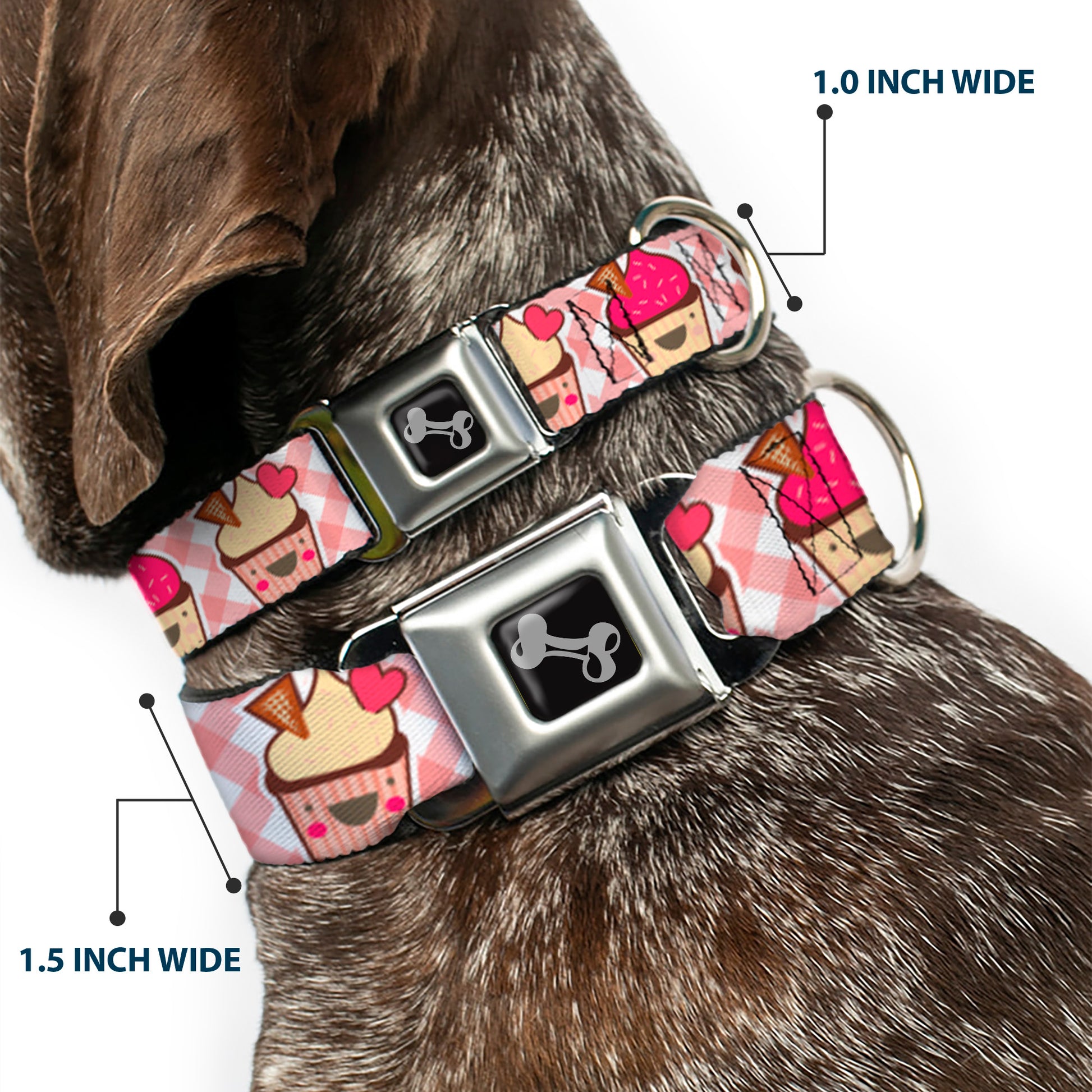 Dog Bone Seatbelt Buckle Collar - Happy Cupcakes Buffalo Plaid White/Pink Seatbelt Buckle Collars Buckle-Down