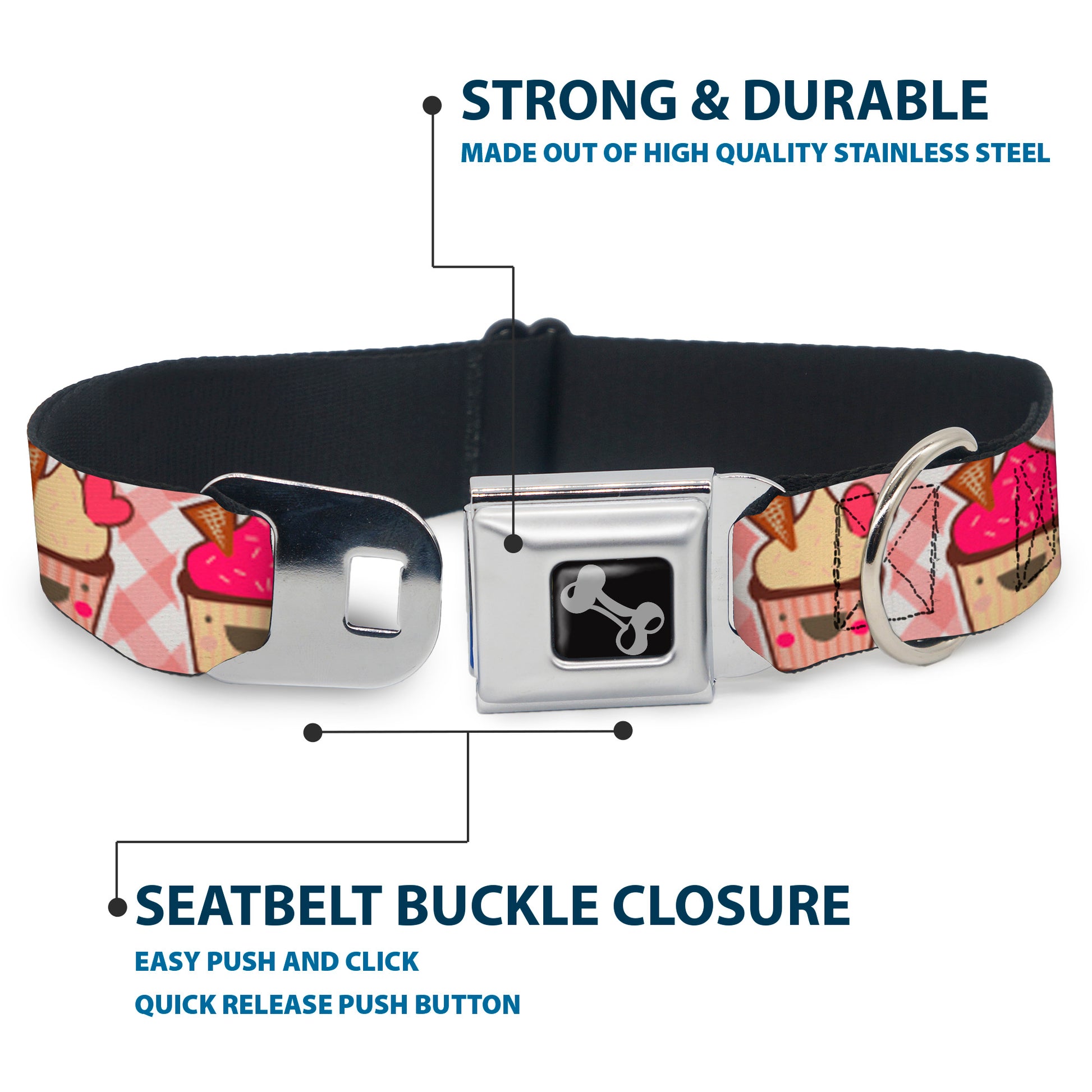 Dog Bone Seatbelt Buckle Collar - Happy Cupcakes Buffalo Plaid White/Pink Seatbelt Buckle Collars Buckle-Down