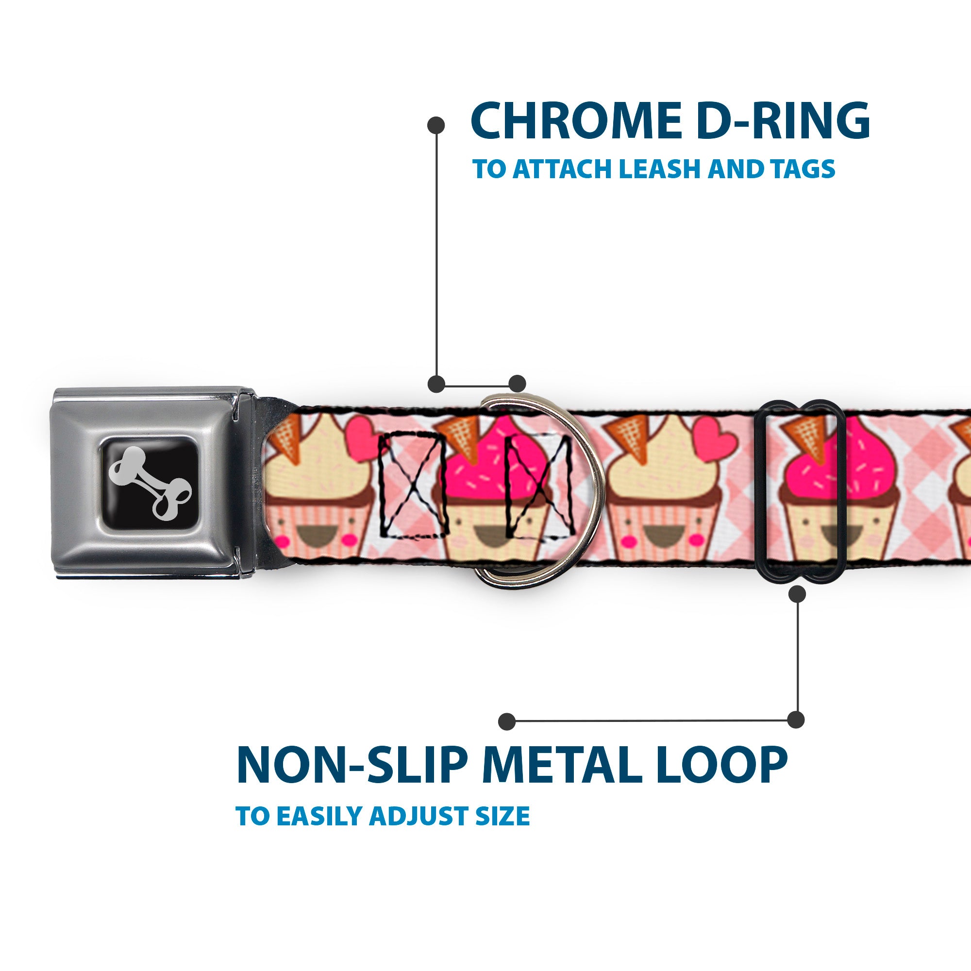 Dog Bone Seatbelt Buckle Collar - Happy Cupcakes Buffalo Plaid White/Pink Seatbelt Buckle Collars Buckle-Down