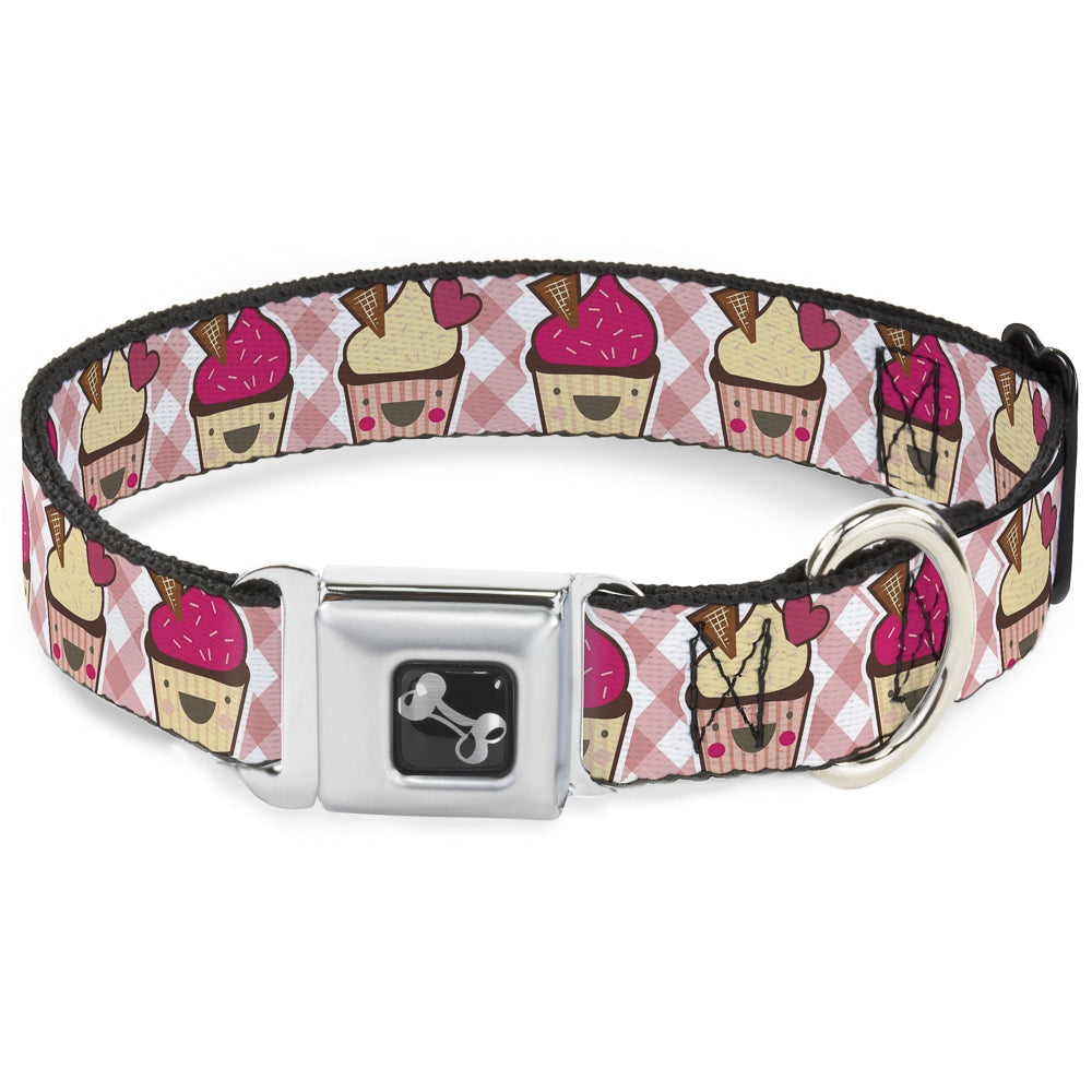 Dog Bone Seatbelt Buckle Collar - Happy Cupcakes Buffalo Plaid White/Pink Seatbelt Buckle Collars Buckle-Down