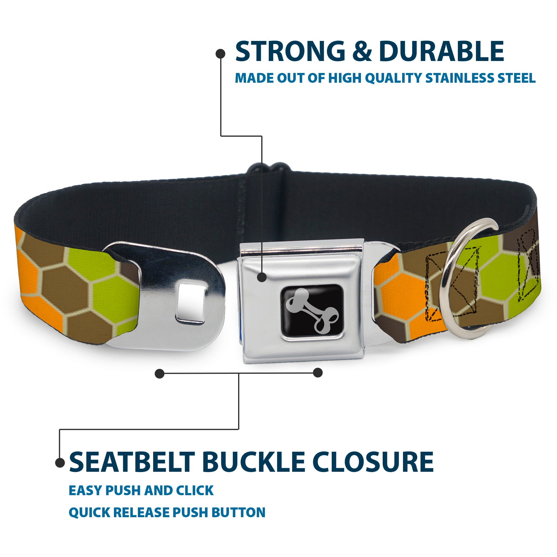 Dog Bone Seatbelt Buckle Collar - Honeycomb Greens/Orange Seatbelt Buckle Collars Buckle-Down