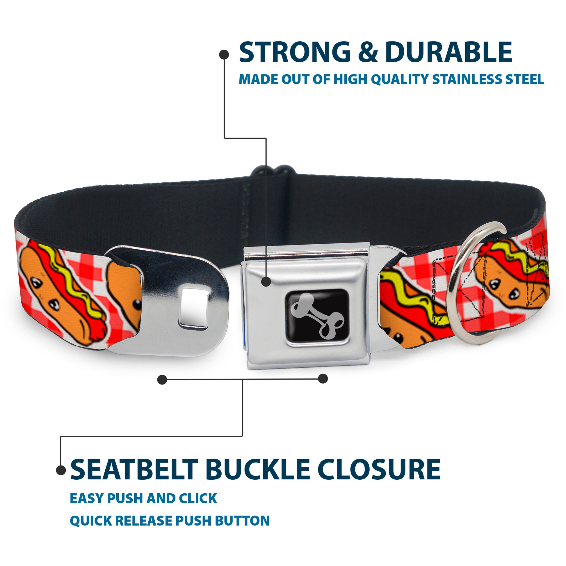 Dog Bone Seatbelt Buckle Collar - Hot Dogs Buffalo Plaid White/Red Seatbelt Buckle Collars Buckle-Down