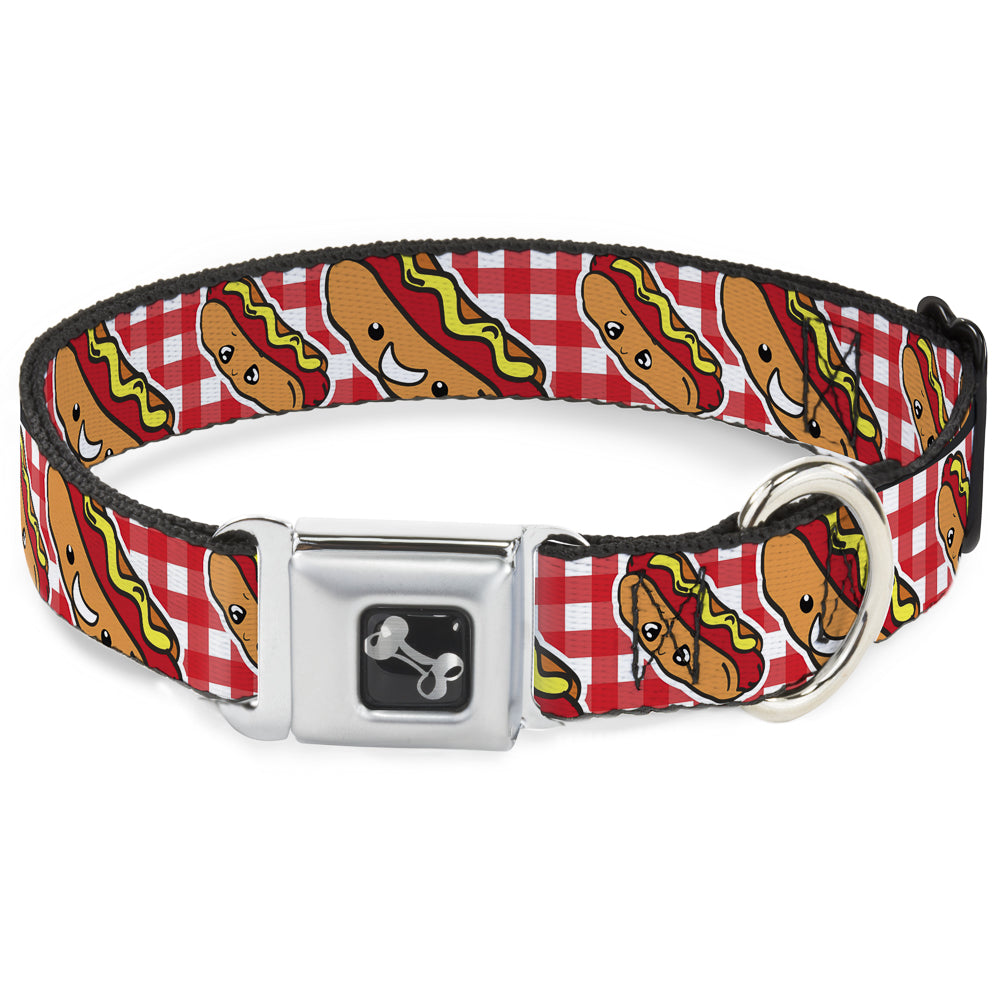 Dog Bone Seatbelt Buckle Collar - Hot Dogs Buffalo Plaid White/Red Seatbelt Buckle Collars Buckle-Down