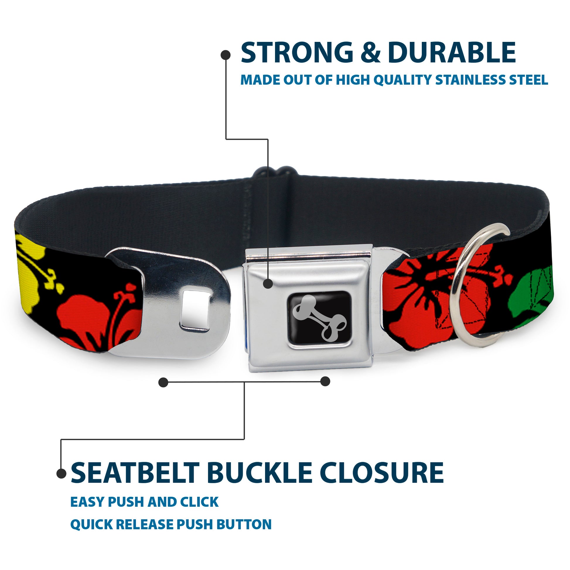 Dog Bone Seatbelt Buckle Collar - Hibiscus CLOSE-UP Black/Green/Yellow/Red Seatbelt Buckle Collars Buckle-Down