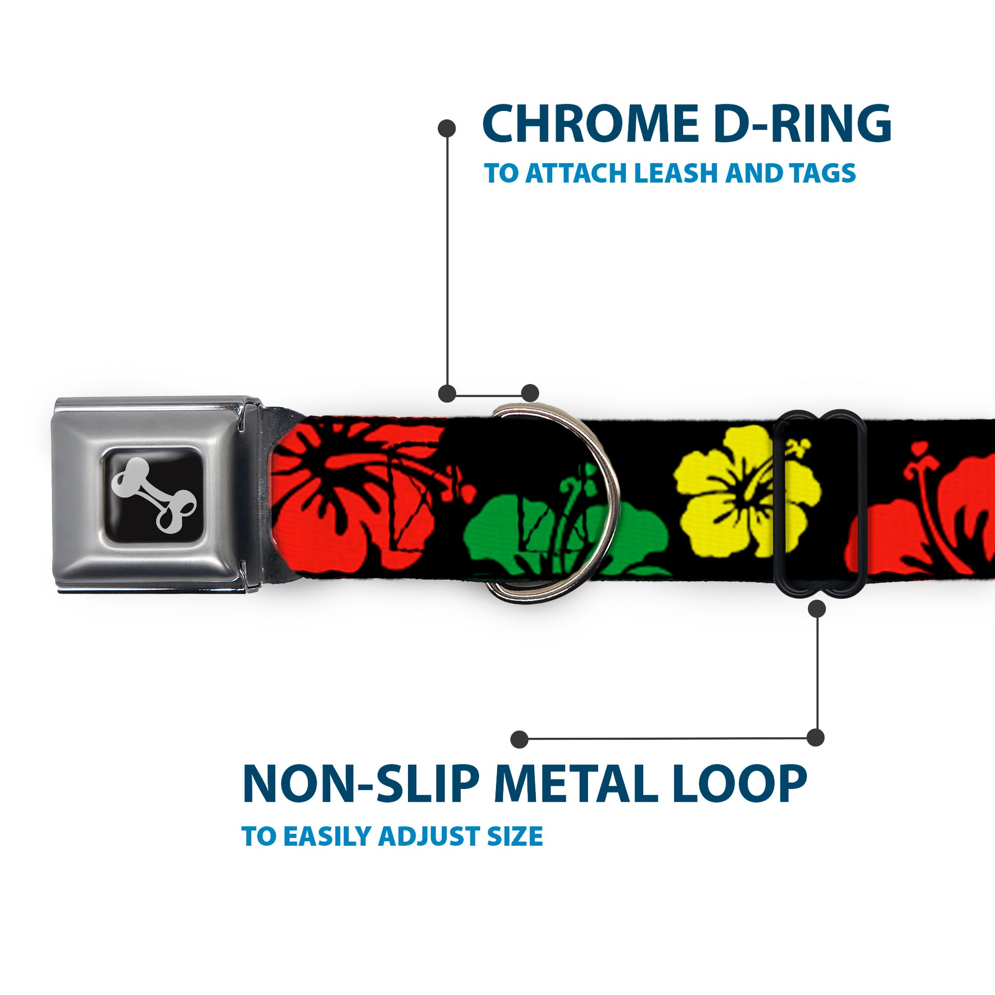 Dog Bone Seatbelt Buckle Collar - Hibiscus CLOSE-UP Black/Green/Yellow/Red Seatbelt Buckle Collars Buckle-Down