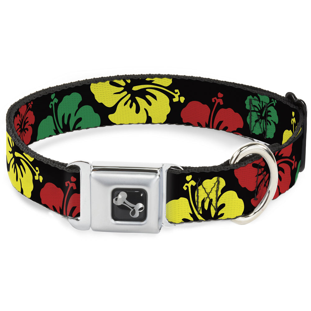 Dog Bone Seatbelt Buckle Collar - Hibiscus CLOSE-UP Black/Green/Yellow/Red Seatbelt Buckle Collars Buckle-Down