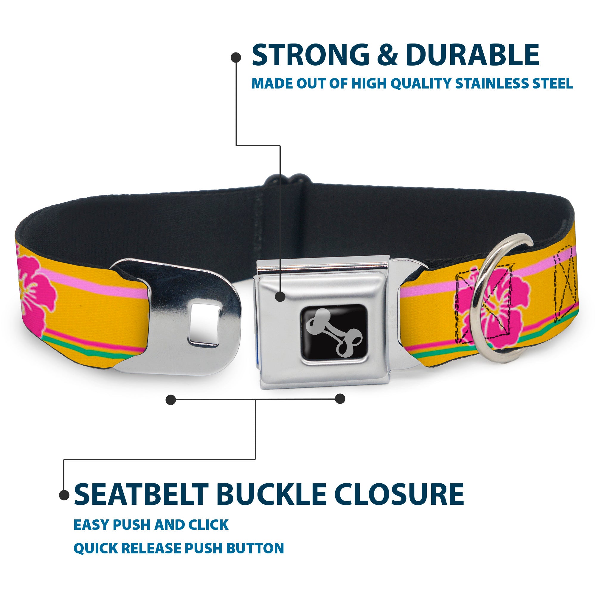 Dog Bone Seatbelt Buckle Collar - Hibiscus w/Stripes Gold/Multi Pastel Seatbelt Buckle Collars Buckle-Down