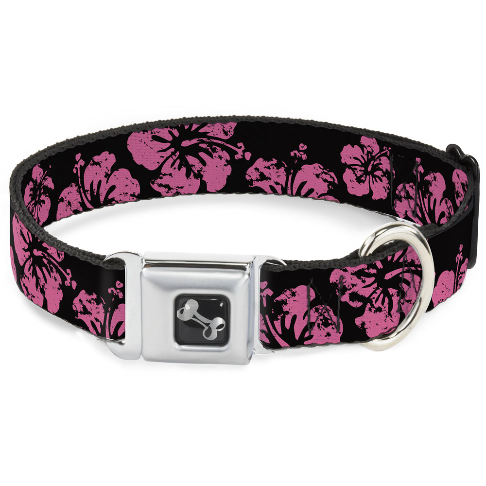 Dog Bone Seatbelt Buckle Collar - Hibiscus Weathered Black/Pink Seatbelt Buckle Collars Buckle-Down