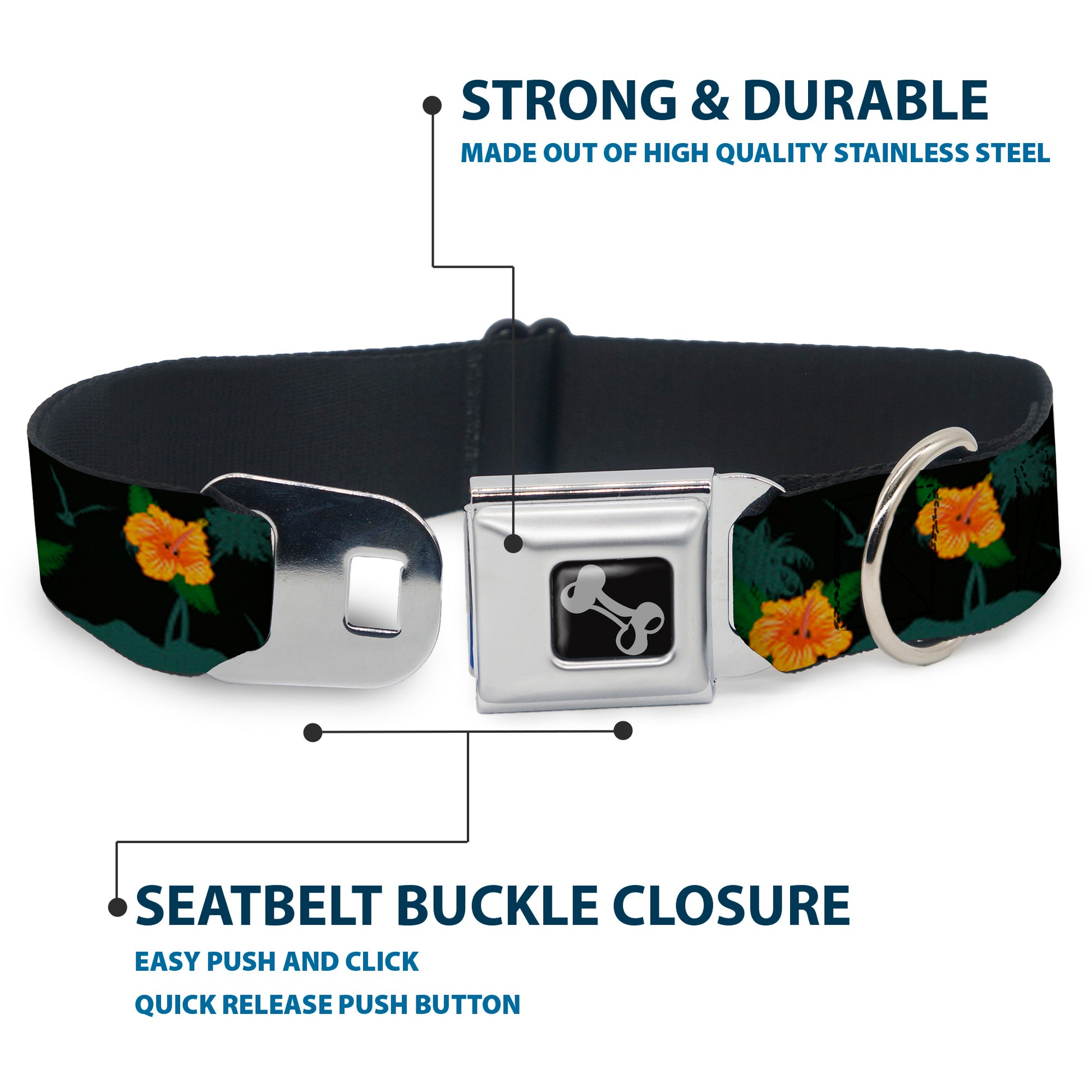 Dog Bone Seatbelt Buckle Collar - Hibiscus Flowers Black/Green/Orange Seatbelt Buckle Collars Buckle-Down