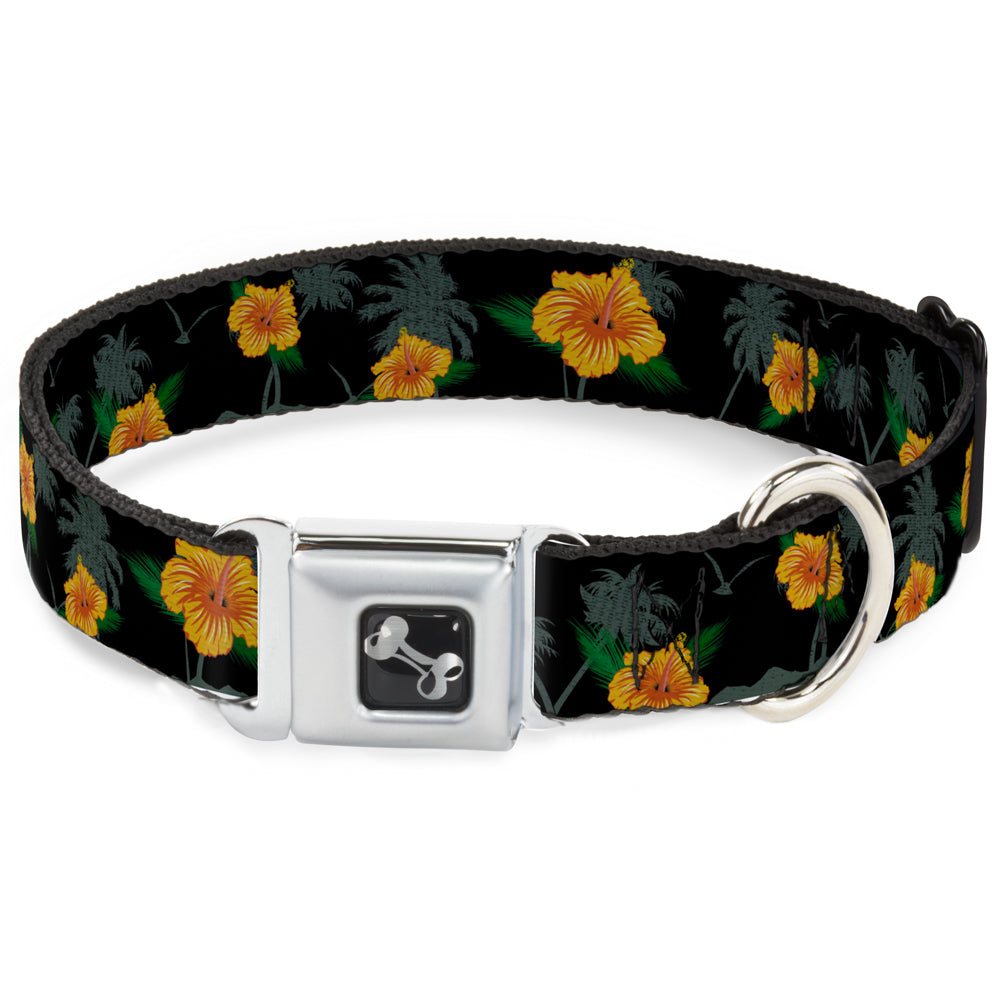 Dog Bone Seatbelt Buckle Collar - Hibiscus Flowers Black/Green/Orange Seatbelt Buckle Collars Buckle-Down