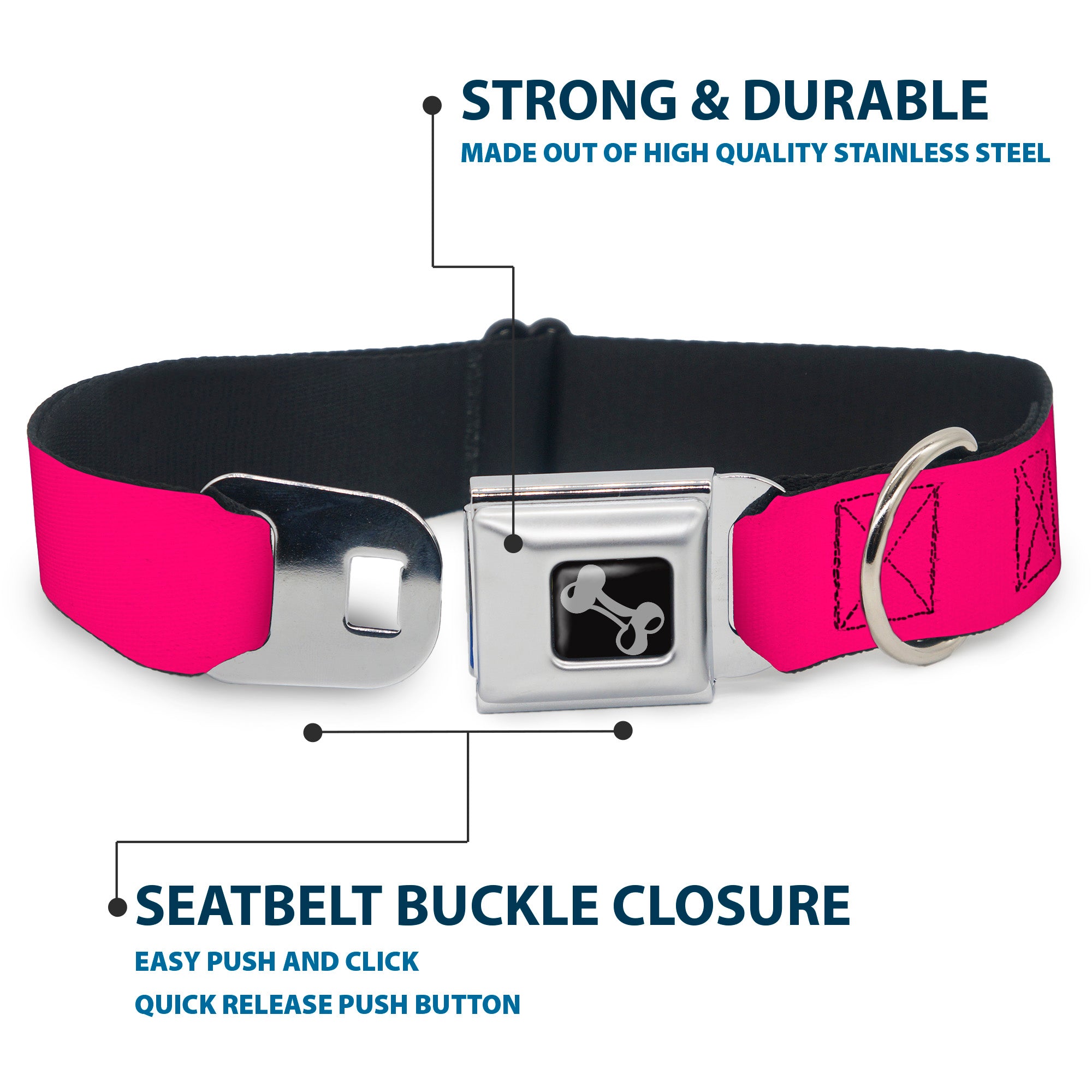 Dog Bone Black/Silver Seatbelt Buckle Collar - Hot Pink PMS 219 Seatbelt Buckle Collars Buckle-Down