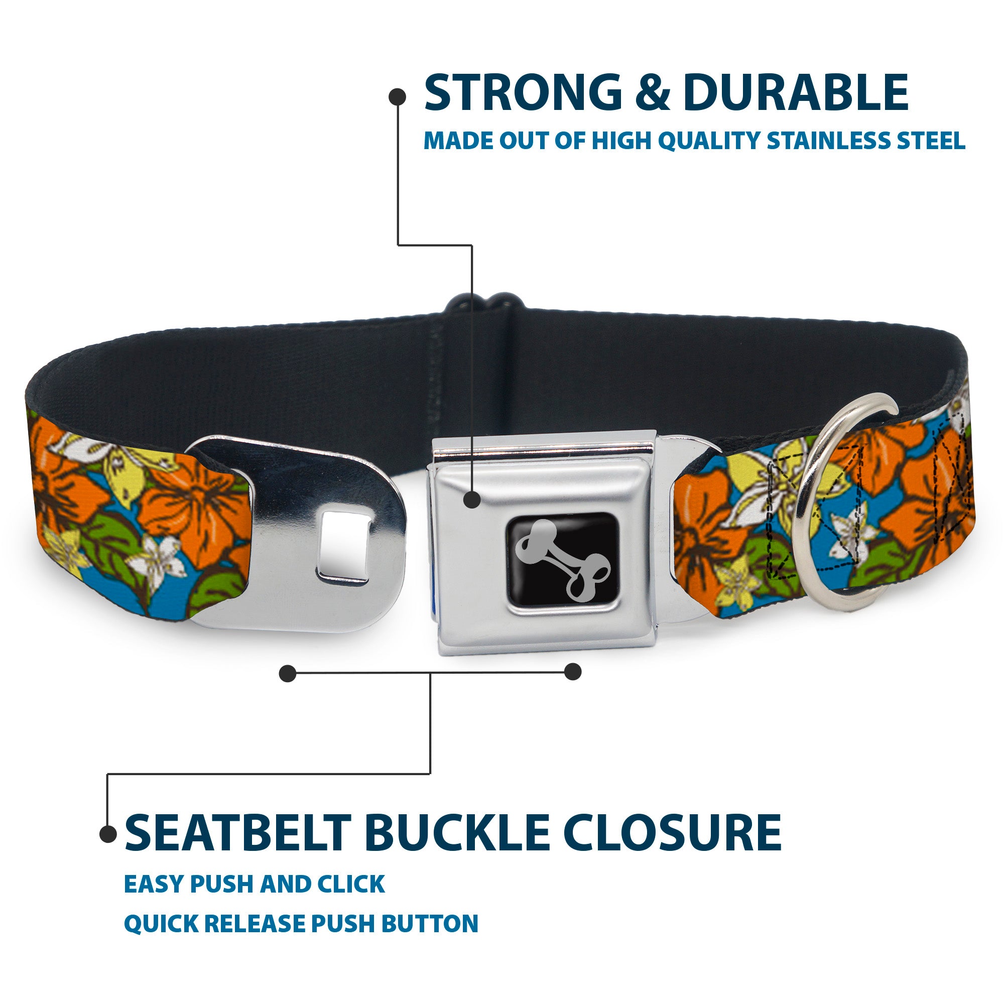 Dog Bone Seatbelt Buckle Collar - Hibiscus Collage Blue/Orange/Yellow Seatbelt Buckle Collars Buckle-Down