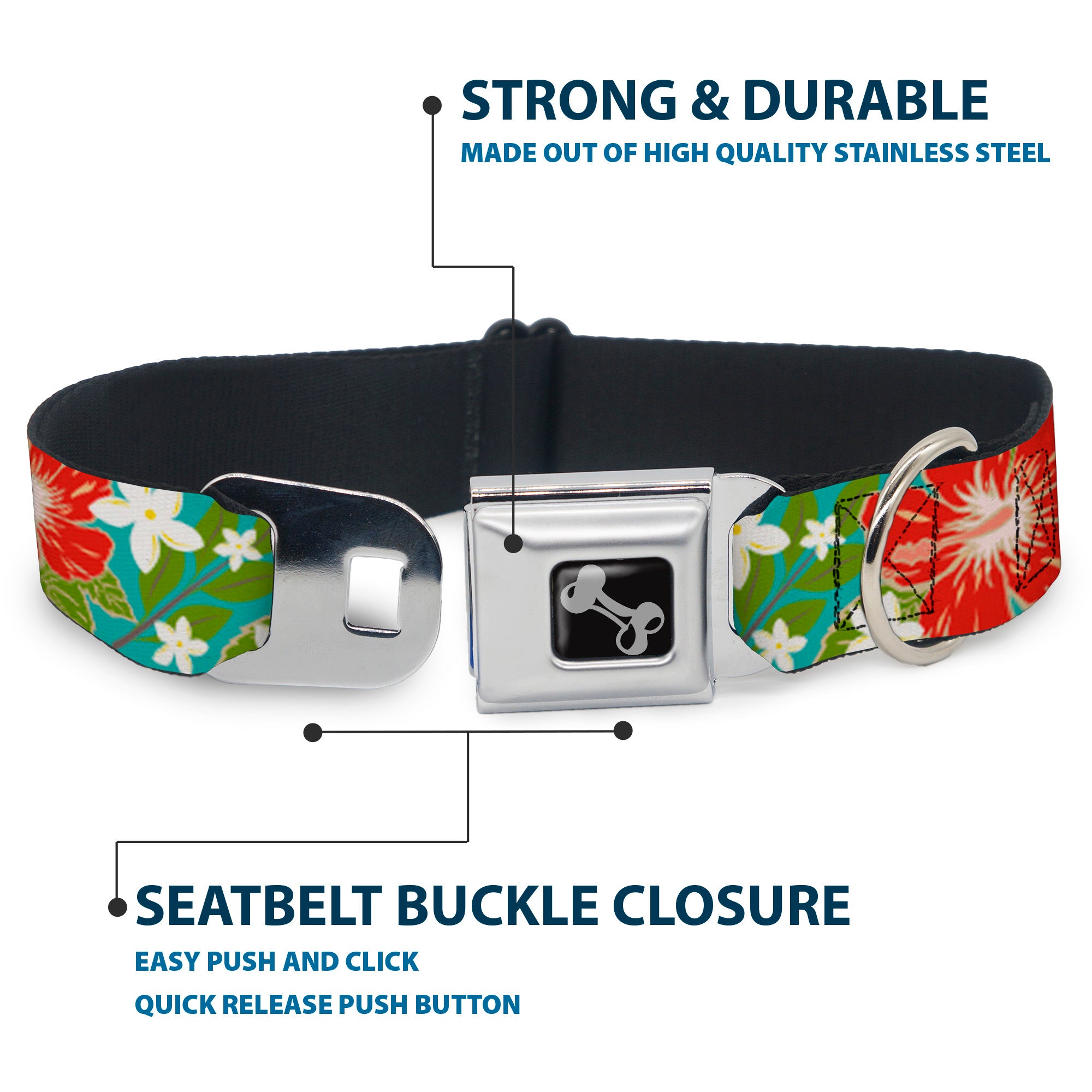 Dog Bone Seatbelt Buckle Collar - Hibiscus & Plumerias Turquoise/Green/Red/White Seatbelt Buckle Collars Buckle-Down