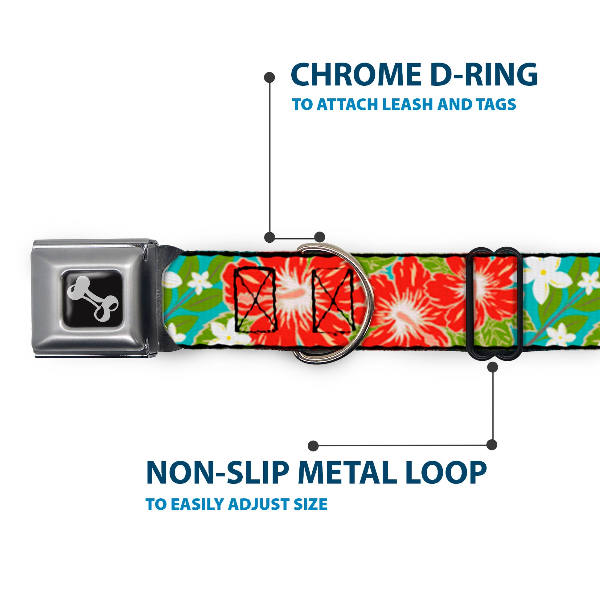 Dog Bone Seatbelt Buckle Collar - Hibiscus & Plumerias Turquoise/Green/Red/White Seatbelt Buckle Collars Buckle-Down