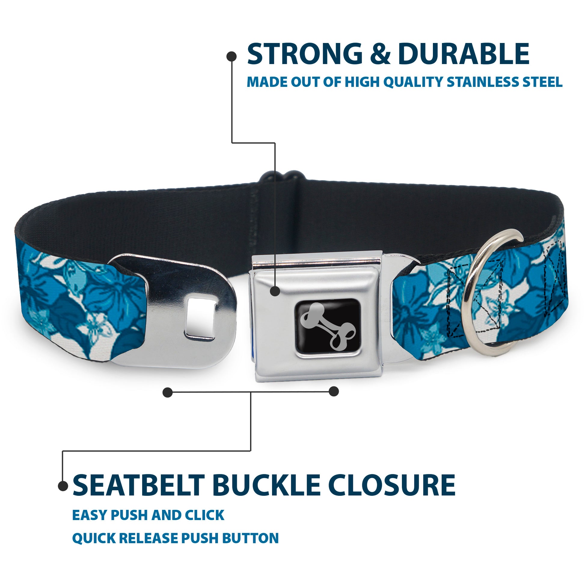Dog Bone Seatbelt Buckle Collar - Hibiscus Collage White/Blues Seatbelt Buckle Collars Buckle-Down
