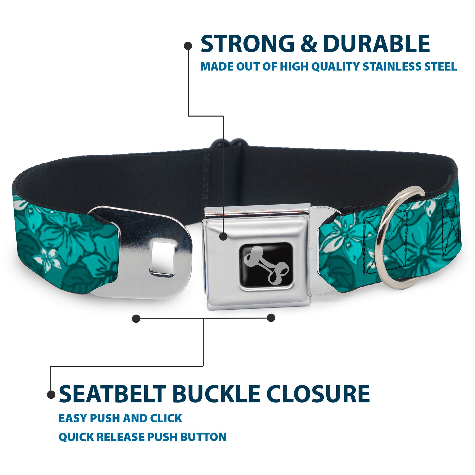 Dog Bone Seatbelt Buckle Collar - Hibiscus Collage Turquoise Shades Seatbelt Buckle Collars Buckle-Down
